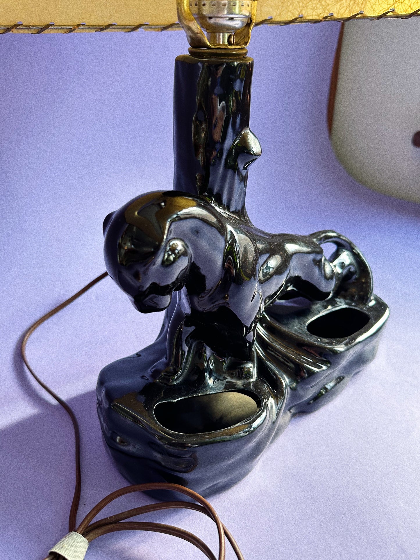 Vintage Mid-Century Modern Black Panther / Leopard TV Lamp w/ Fiberglass Shade