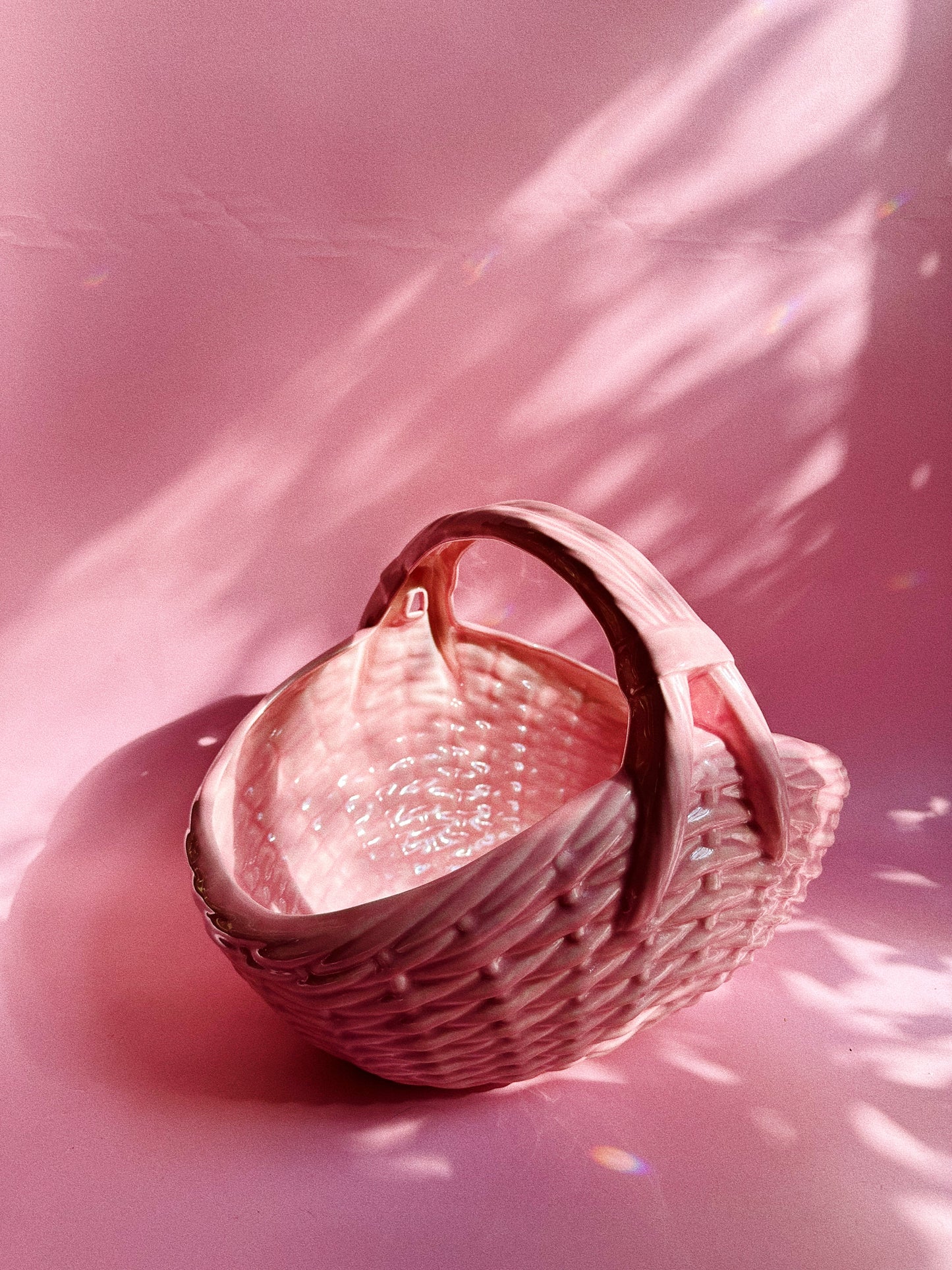 Large Vintage Ceramic Weaved Pink Basket