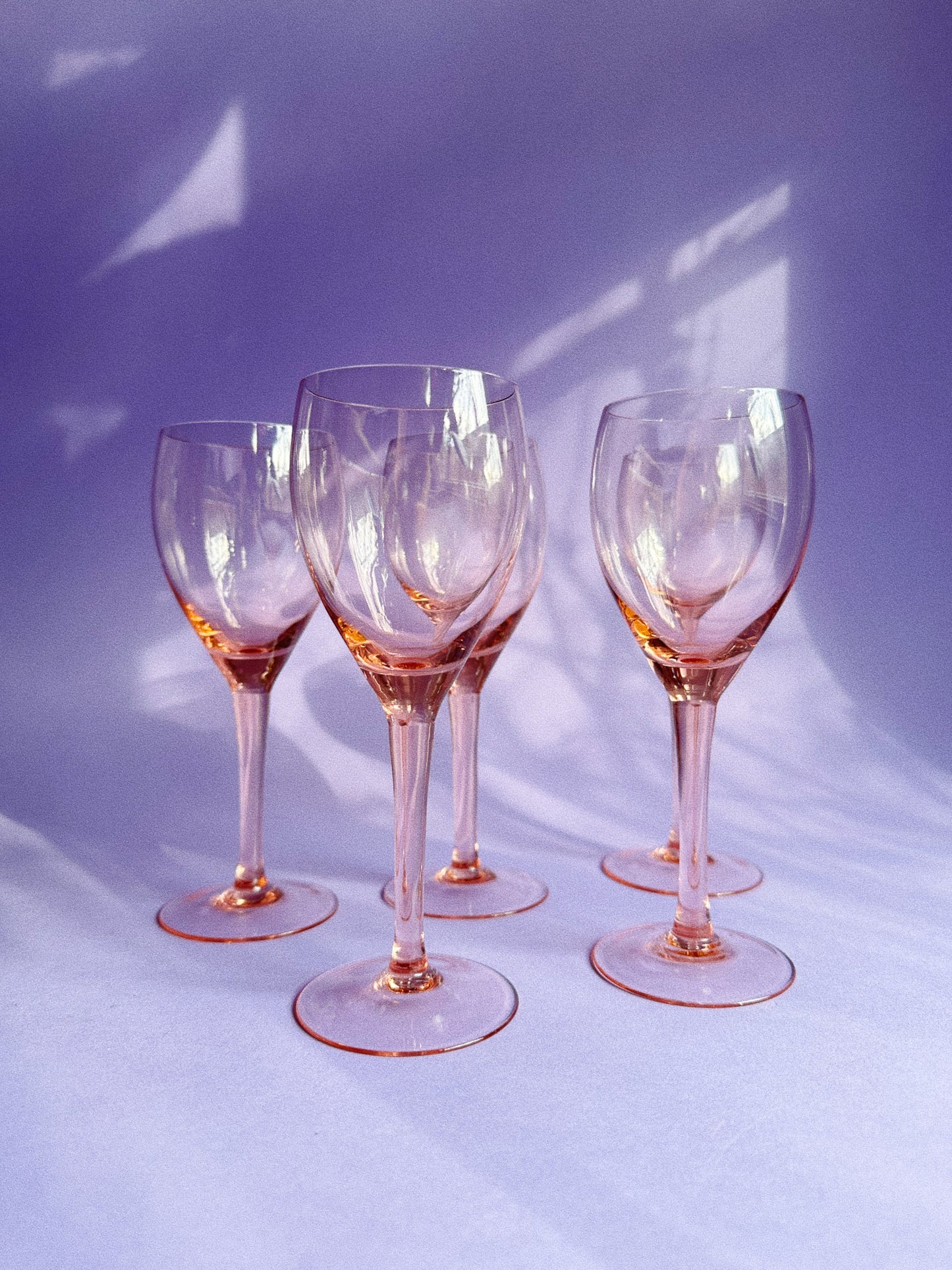 Vintage Set of 5 Pink Glass Wine Glasses