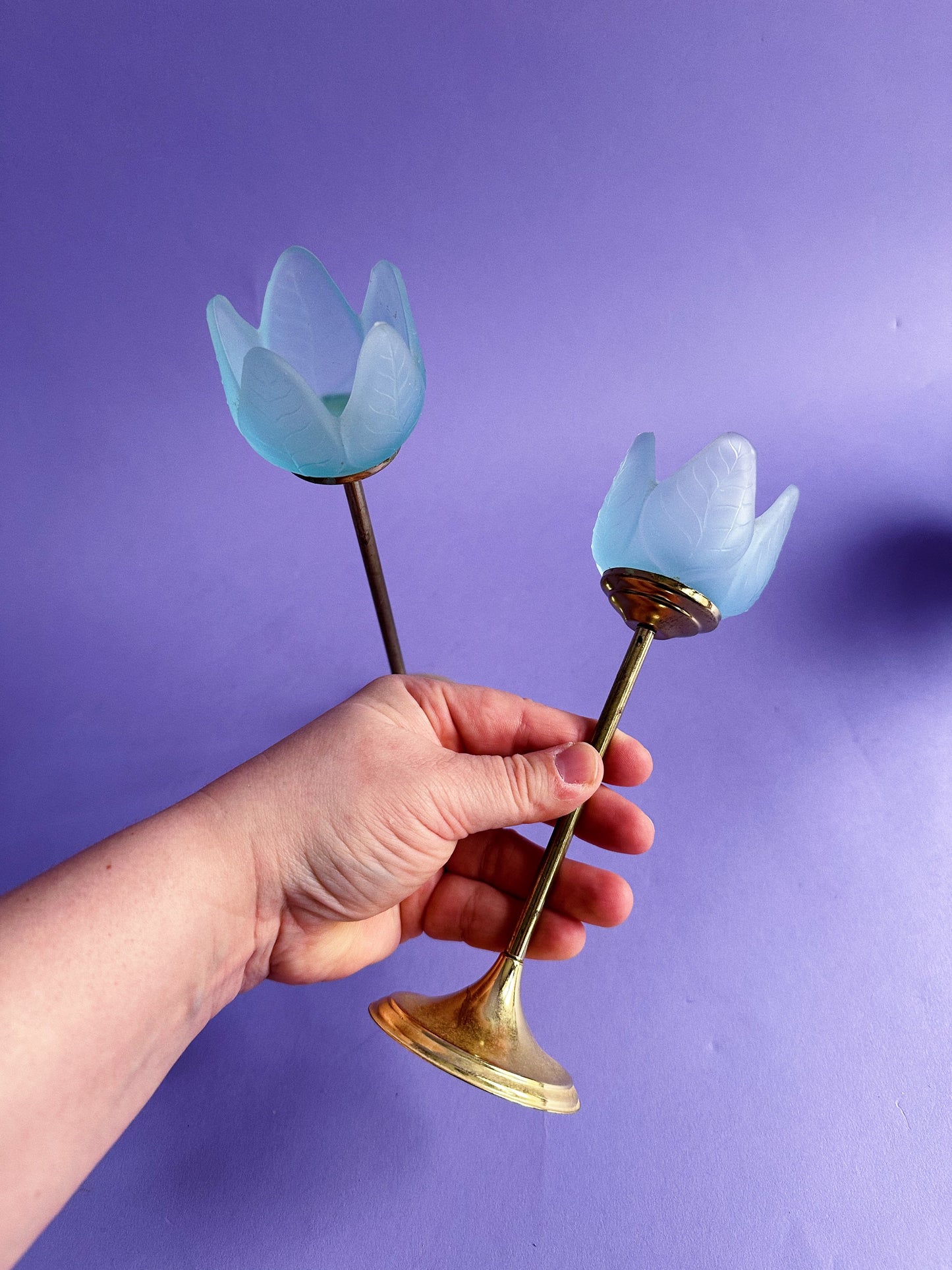 Vintage Blue Frosted Glass Tulip & Brass Candle Holders