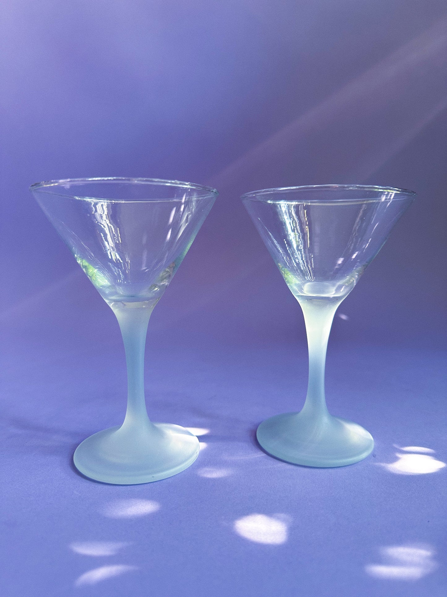 Beautiful Pair of Frosted Blue Stemmed Martini Glasses