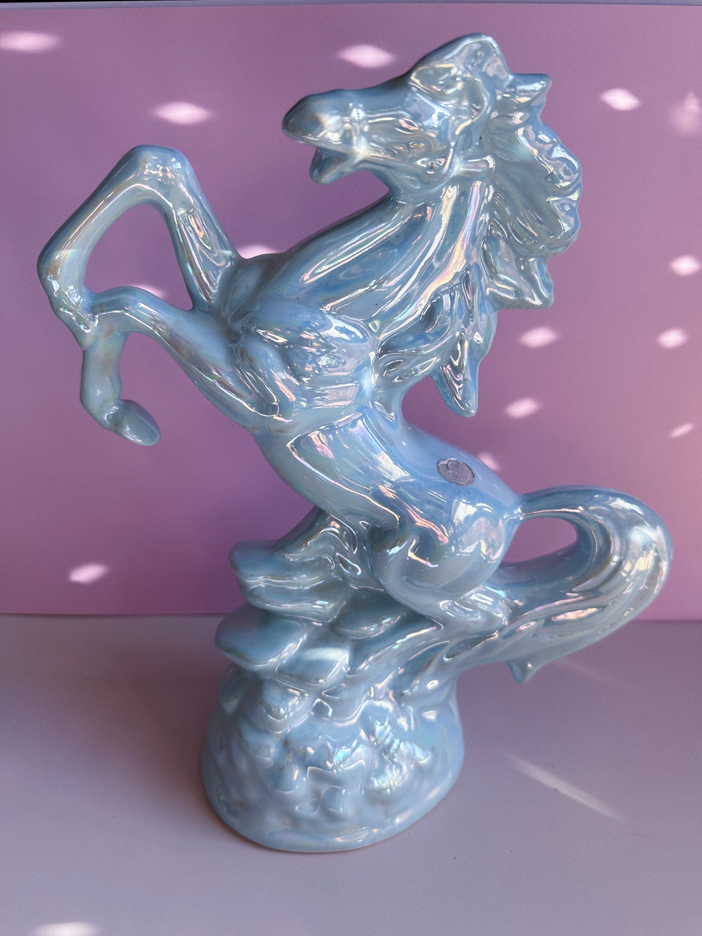 Vintage Ceramic Rearing Horse Figurine - Iridescent Light Blue - Portugal