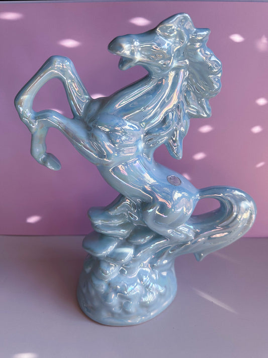 Vintage Ceramic Rearing Horse Figurine - Iridescent Light Blue - Portugal