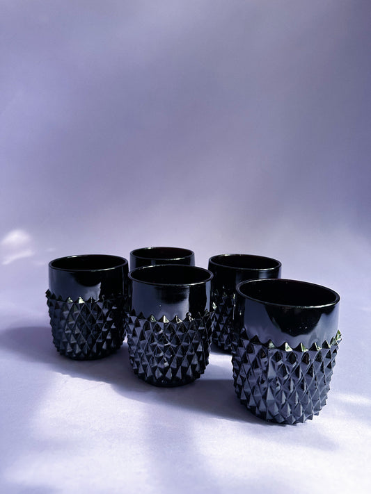 Vintage Indiana Tiara Black Glass 5 Lowball Drink Glasses, Diamond Point