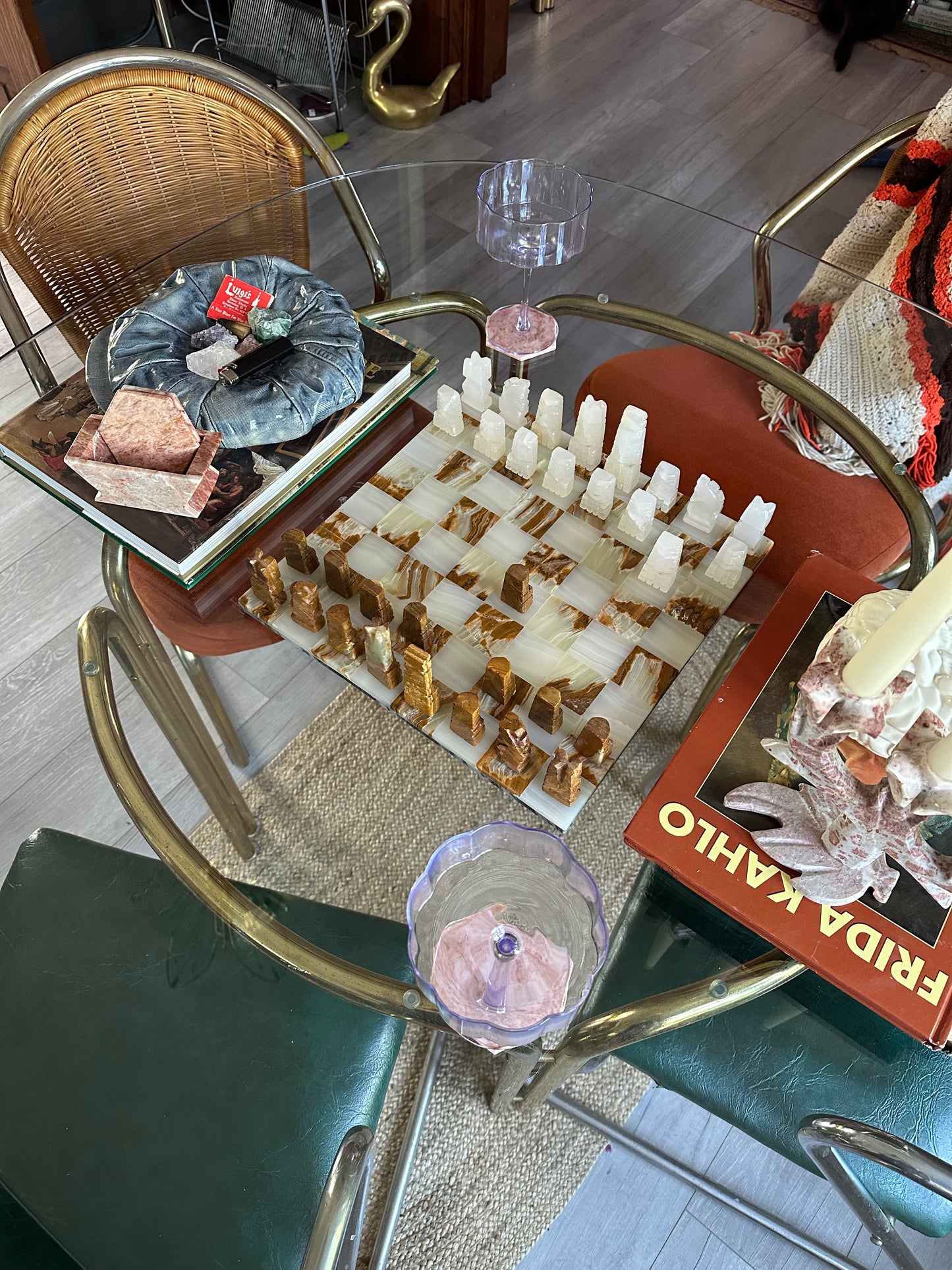 Vintage Complete Aztec Chess Set Marble Cut Stone Hand Carved Large Brown White