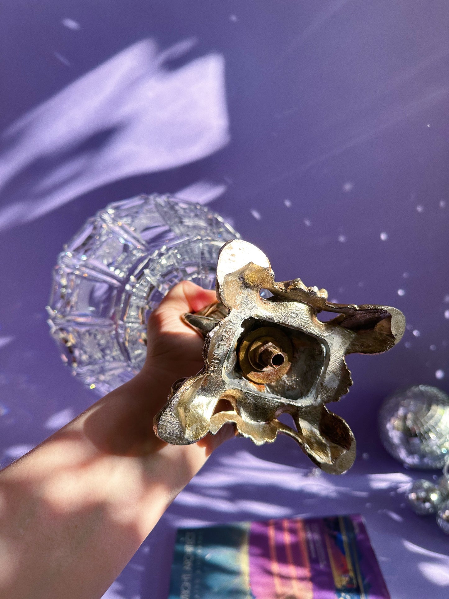 L&L Cut Glass Pedestal Centerpiece Bowl Bronze Brass 9 1/8 X 8 1/2"