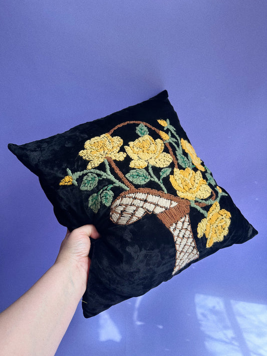 Vintage Floral Crewel Black Velvet Decorative Pillow