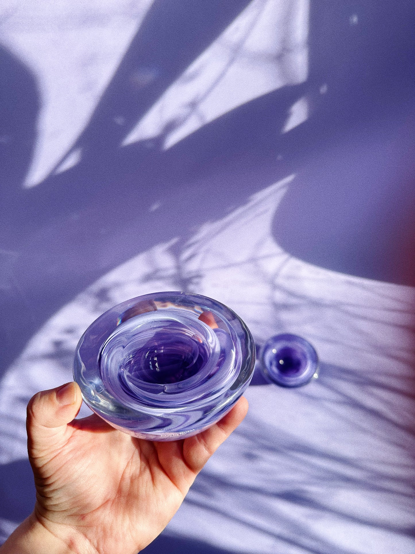 Pair Of Kosta Boda Purple Swirl Candle Votive Holders