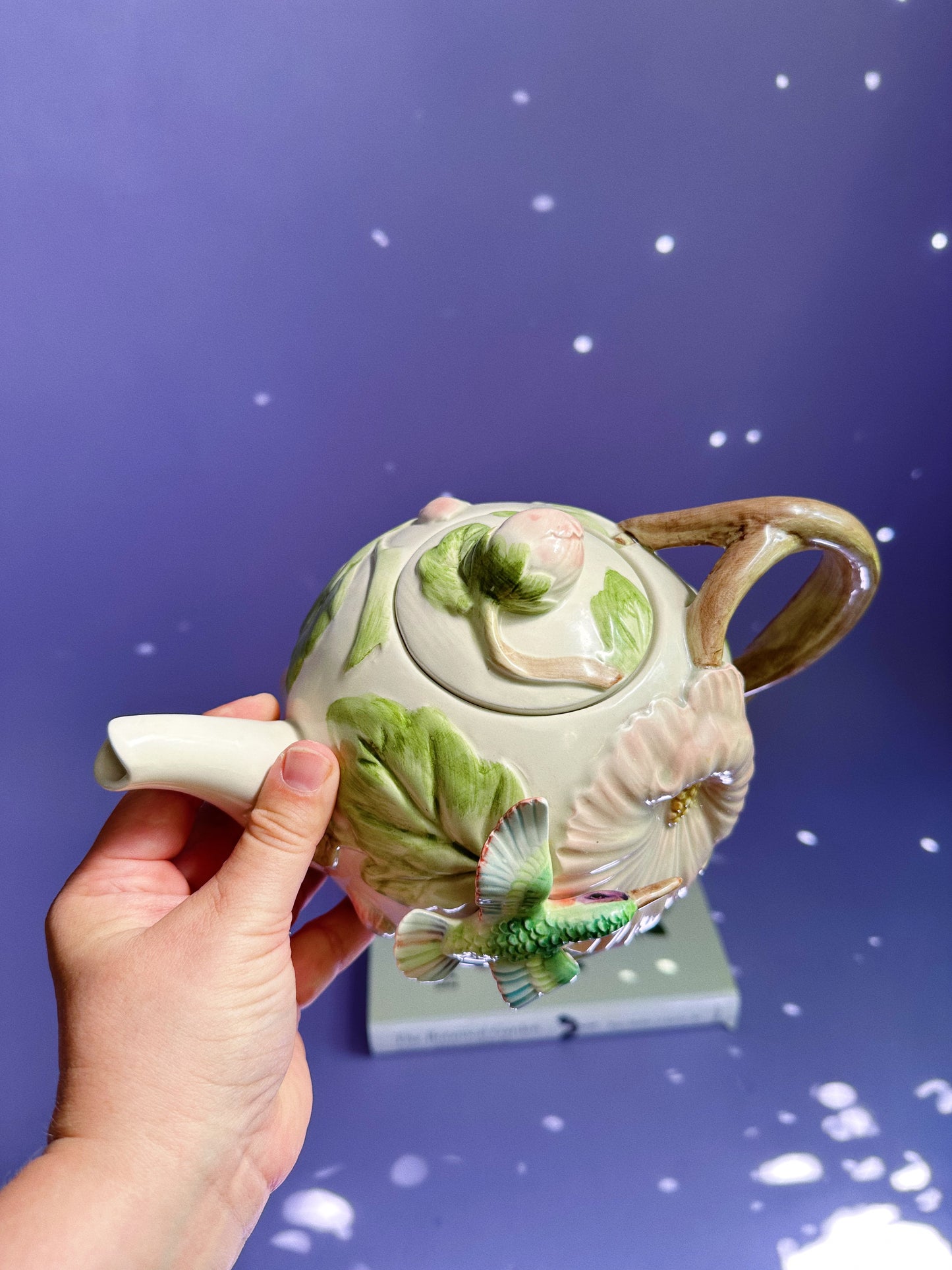 Vintage Fitz & Floyd Hand Painted 48oz Teapot Hummingbird & Hibiscus Ceramic 1987