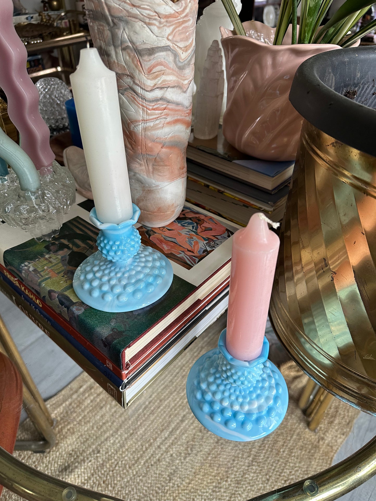 Vintage Fenton Blue Hobnail Glass Candlestick Pair Slag Glass