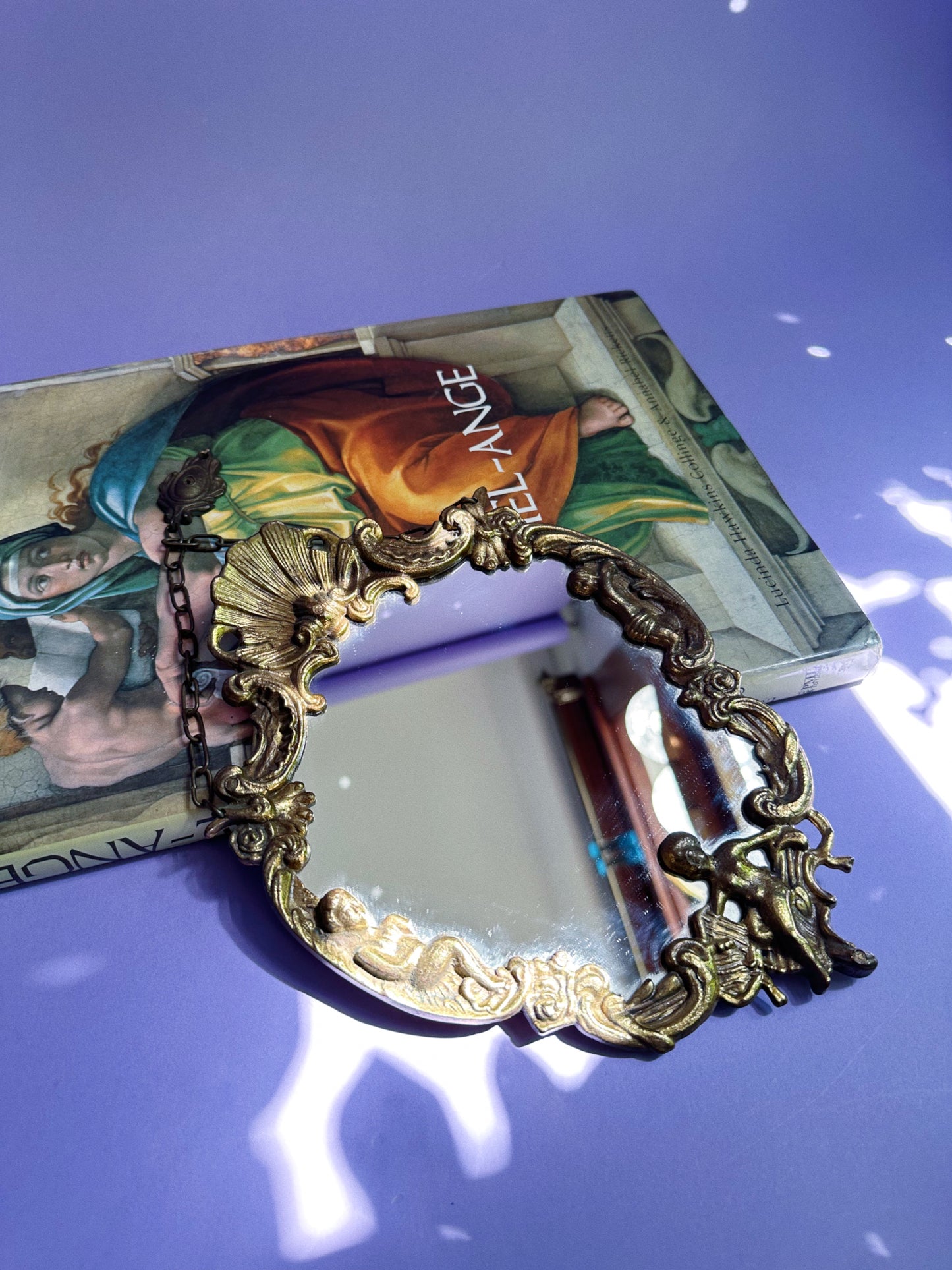 Antique Rococo Oval Mirror Gilt Floral Frame Cherub Shell Crest Brass Wall Decor