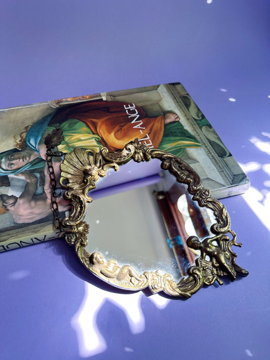 Antique Rococo Oval Mirror Gilt Floral Frame Cherub Shell Crest Brass Wall Decor