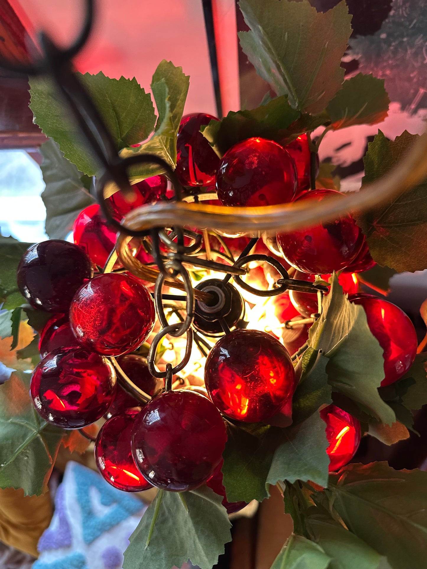 Vintage Large MCM 60s Hanging Swag Lamp of Lucite Grapes Red Cluster Vines Heavy