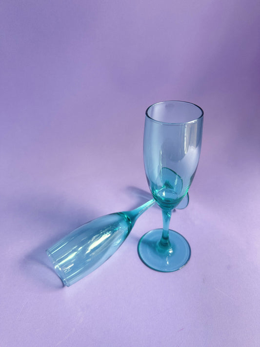 2 Luminarc Teal Green Fluted Champage Glasses Pair Durand France