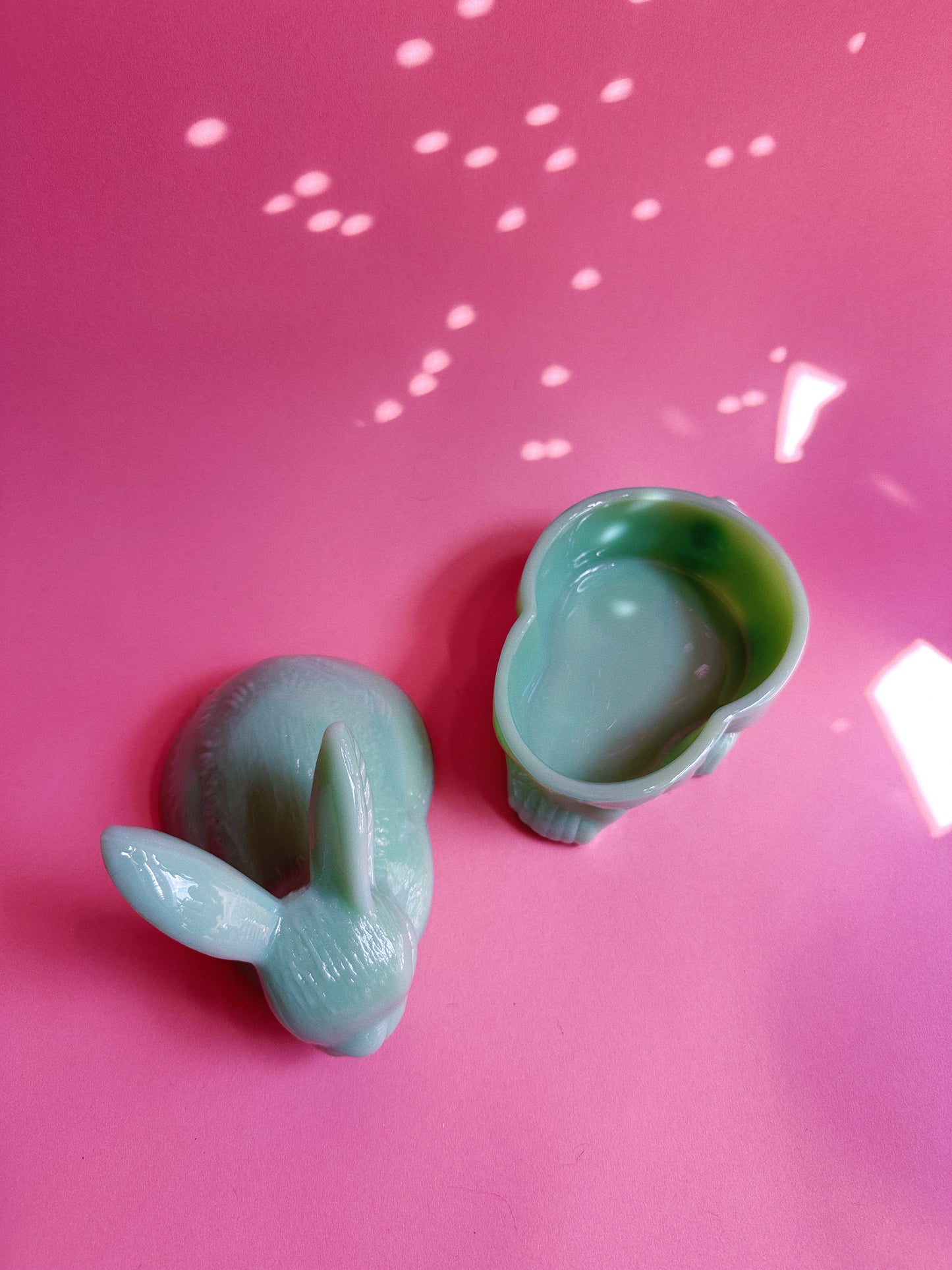 Jadeite Green Bunny Rabbit Lidded Covered Candy / Trinket Dish, New, Glass, 6"