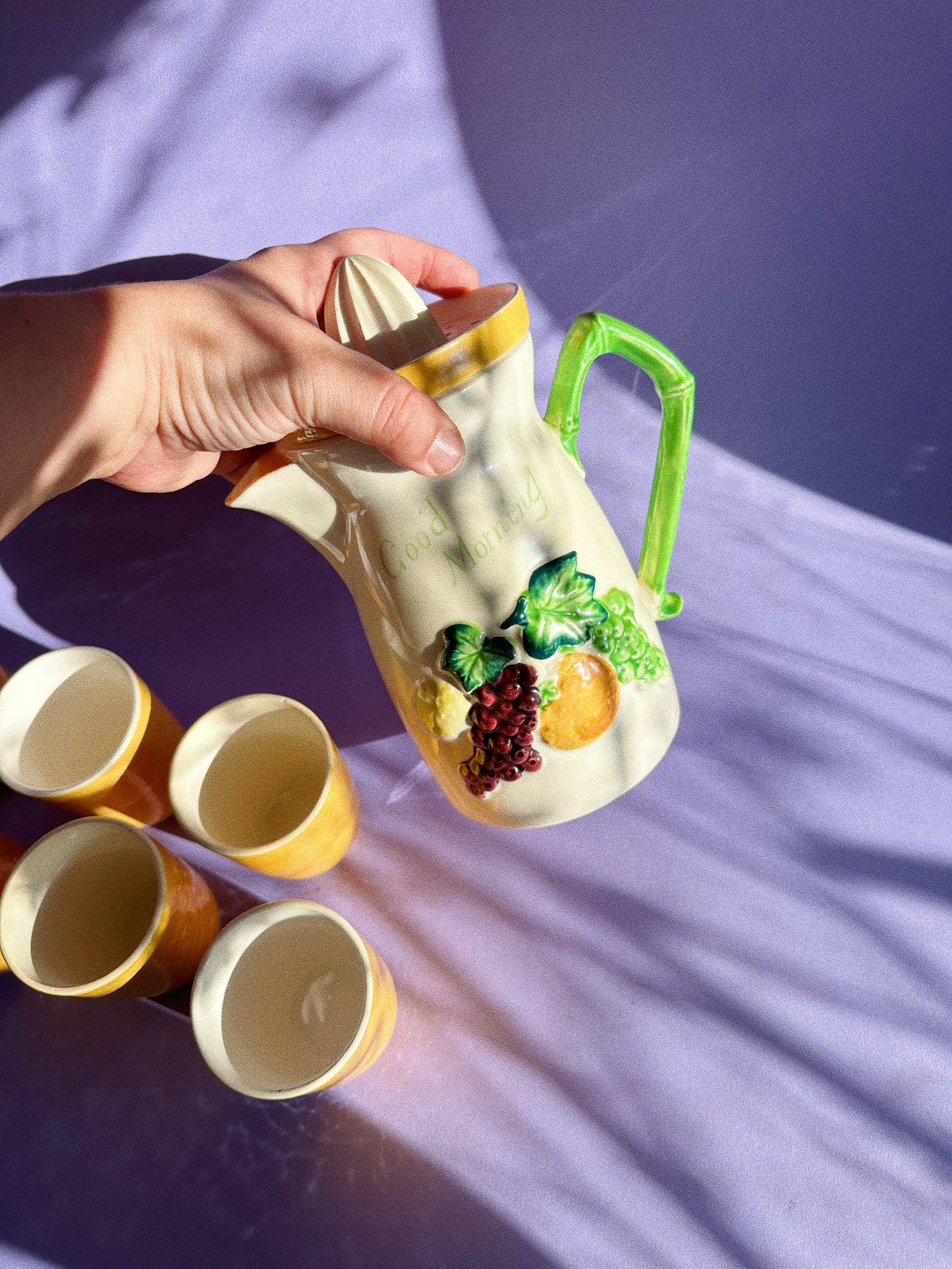 Vintage MCM Ceramic Juice Pitcher, Reamer & Cups - Japan