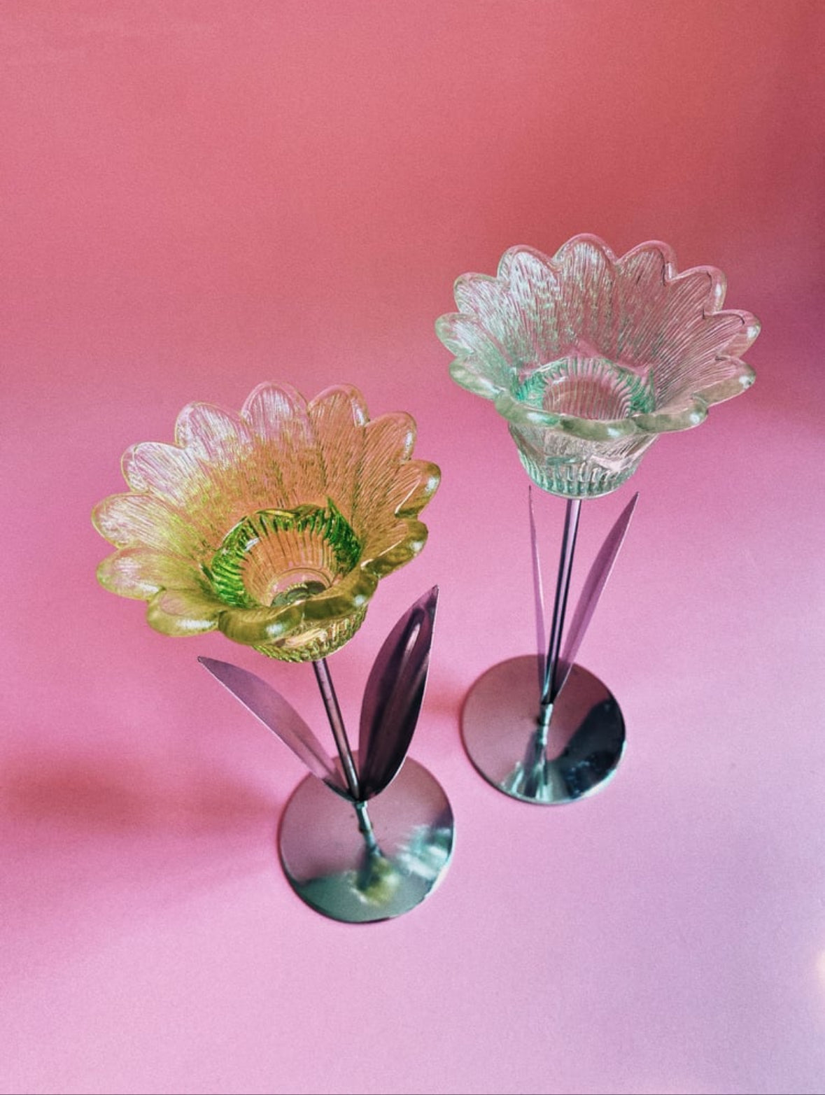 Fun Tulip Blue & Green Glass & Chrome Taper Candle Holders