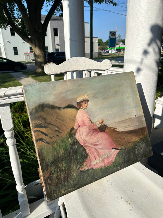 Victorian Oil-On-Canvas Young Lady By The Shore, Boat, Basket Flowers, Unframed