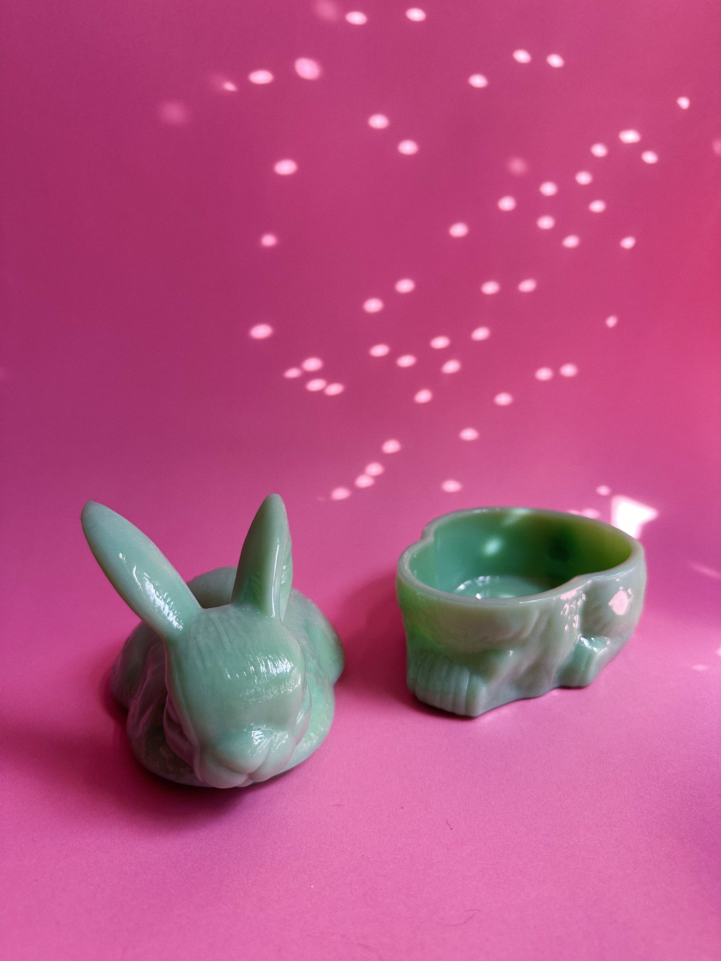 Jadeite Green Bunny Rabbit Lidded Covered Candy / Trinket Dish, New, Glass, 6"