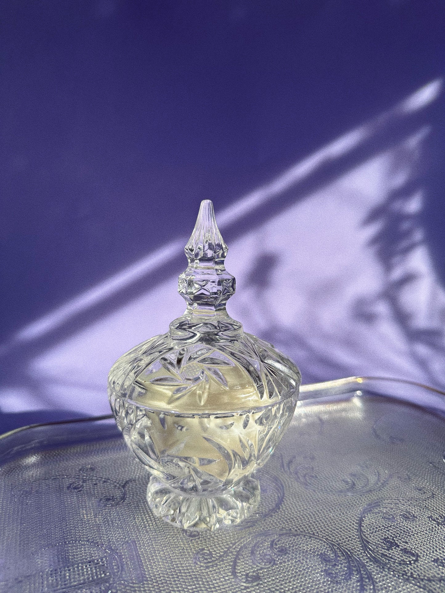 Vanilla Lavender Soy Candle in a Vintage Crystal Lidded Dish
