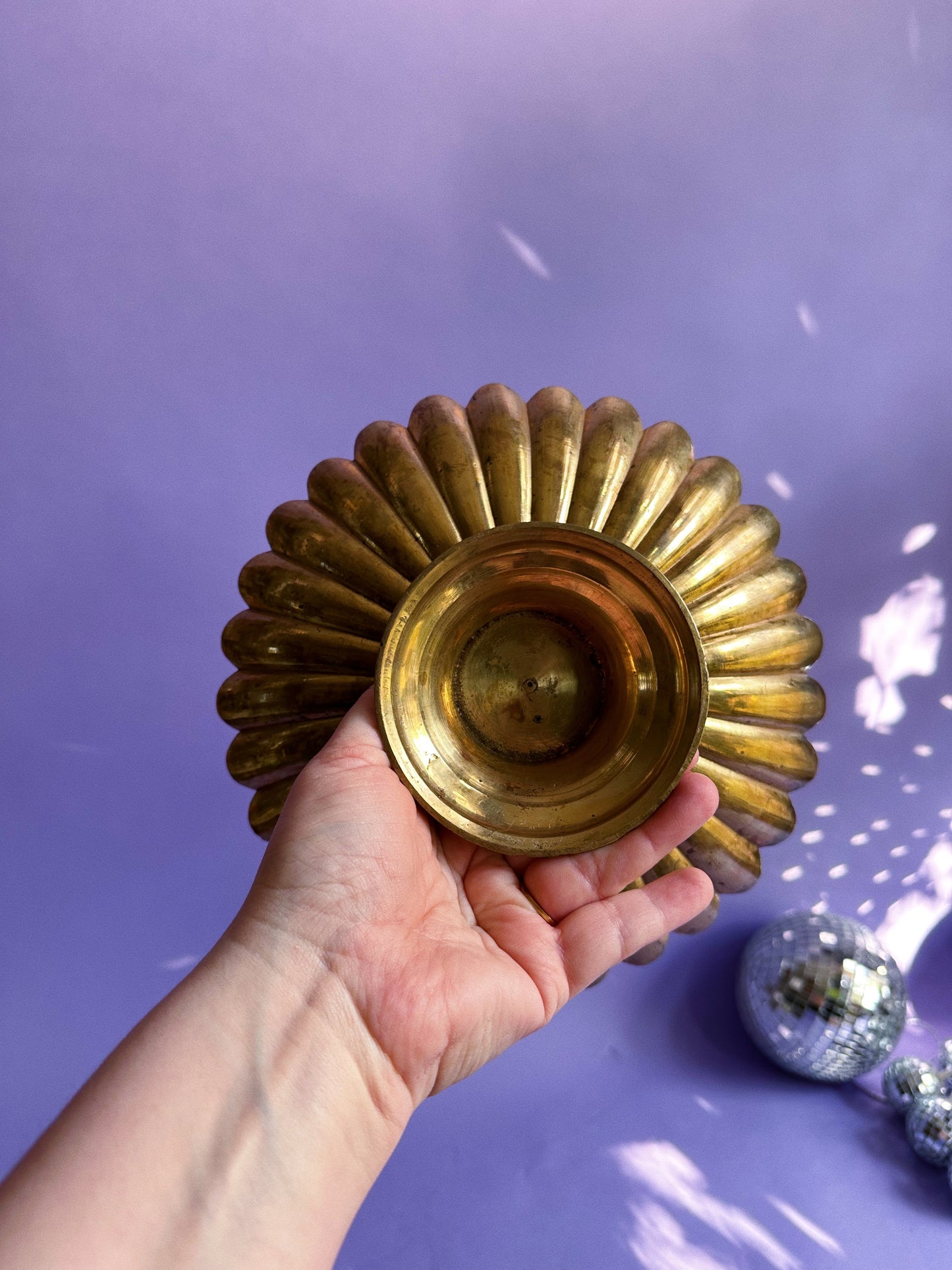 Gorgeous Vintage Etched Brass Daisy Shaped Footed Platter