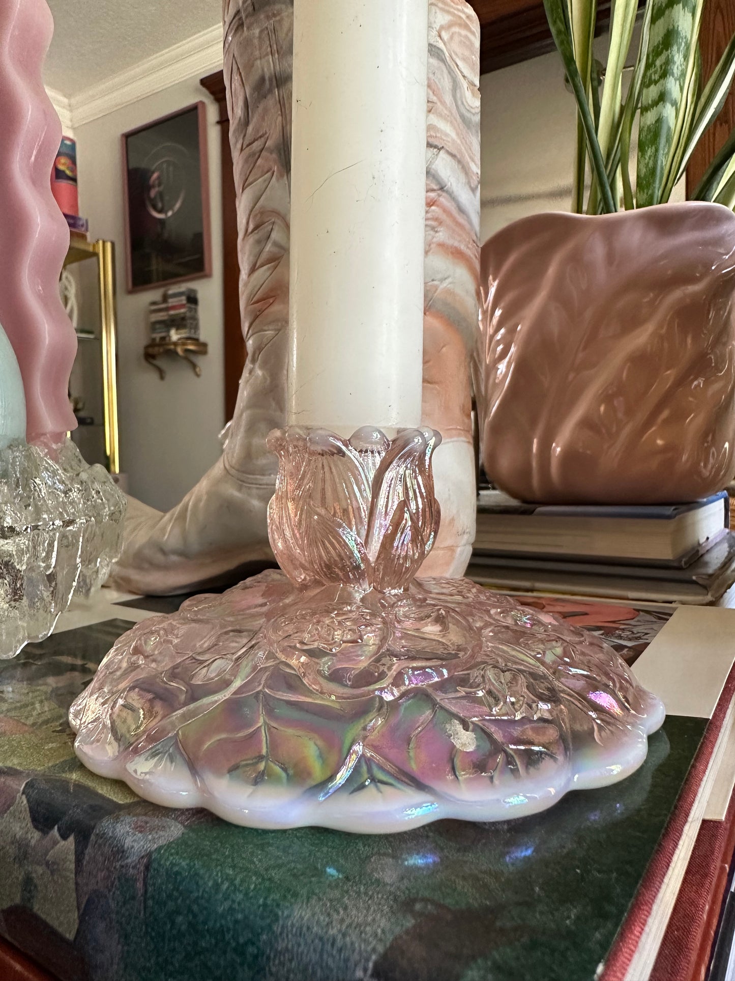 Vintage Fenton Pink Opalescent Carnival Glass Water Lilly Candlestick Holders