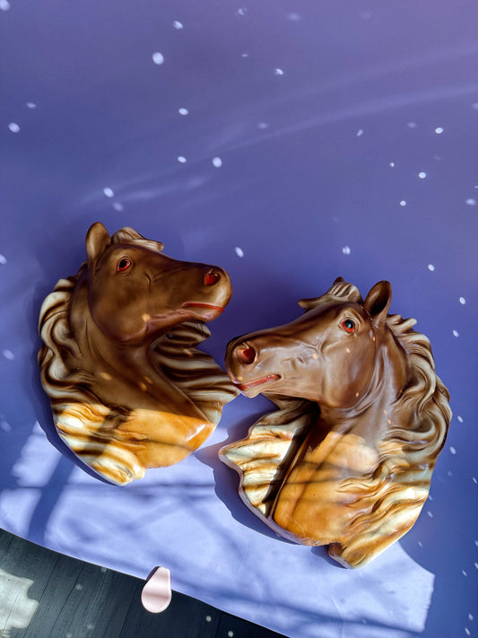 2 Large Vintage MCM Chalkware / Plaster 16" Horse Head Wall Mount 3-D Sculpture