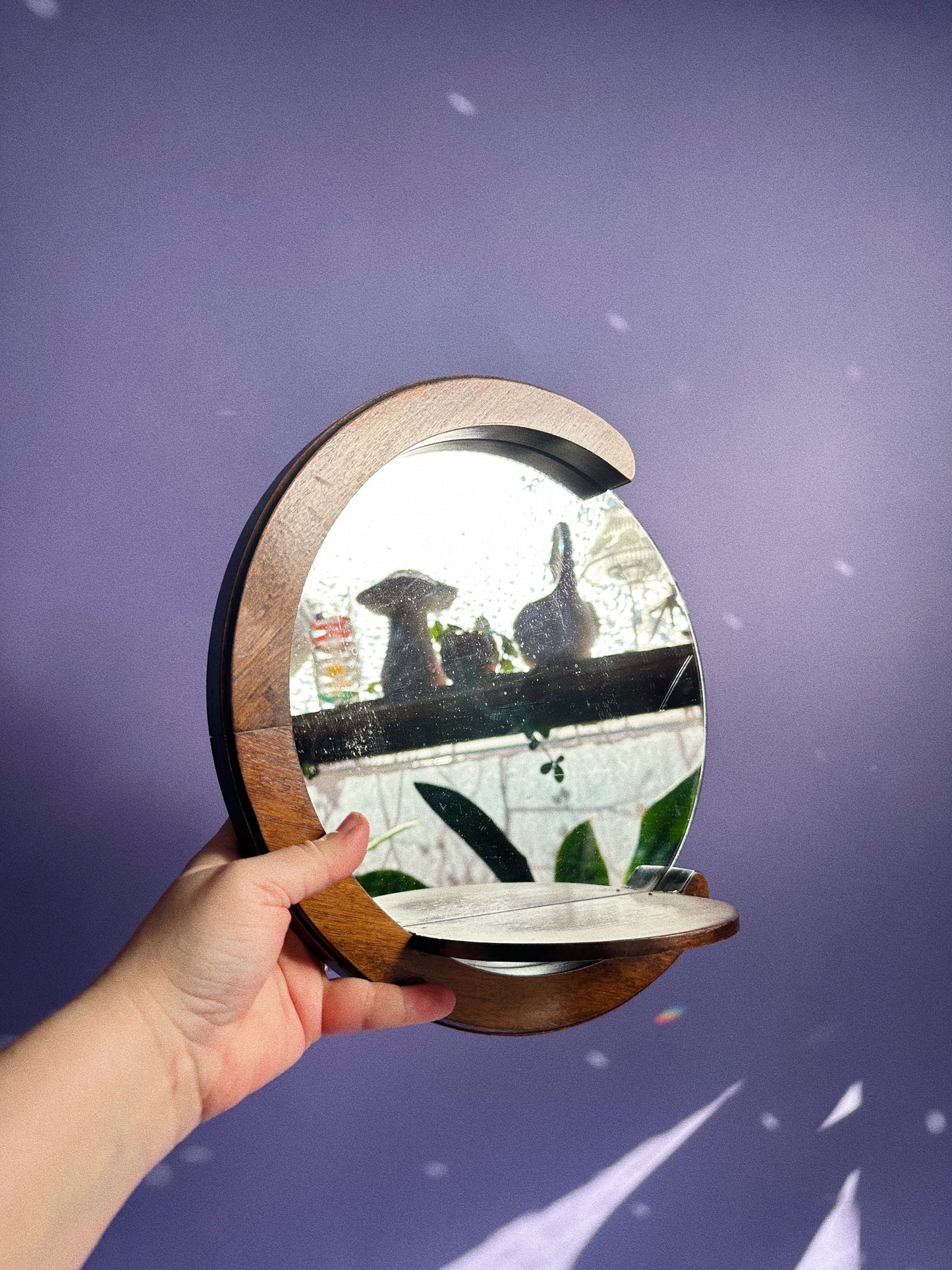 Vintage Handmade Dark Brown Wood Mirror & Shelf