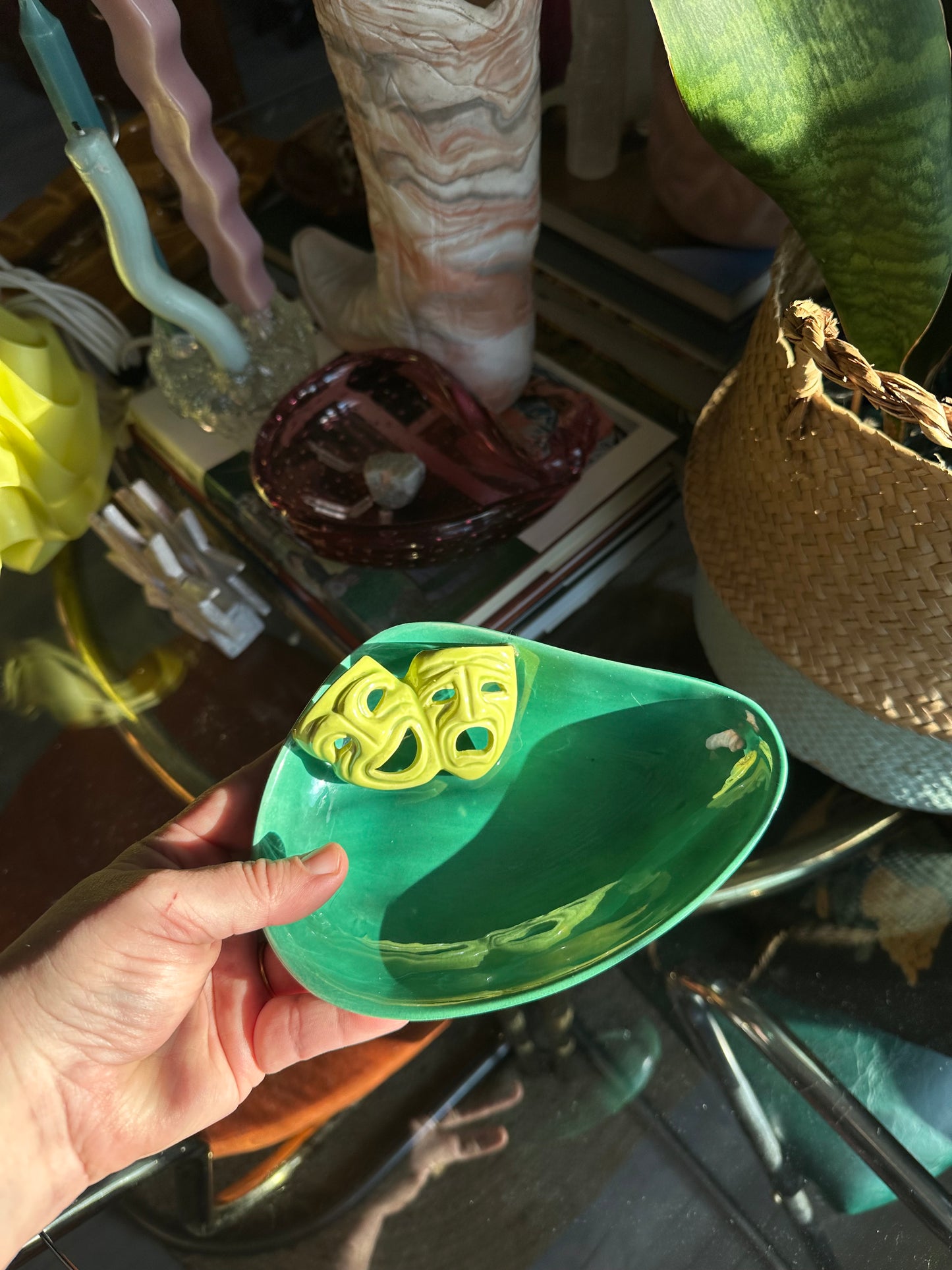 Vintage Mid Century Modern Green / Lime Dish W/ Comedy Tragedy Masks