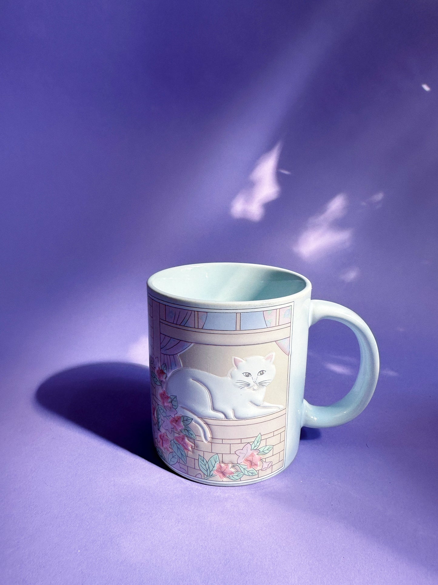 Vintage Otagiri Japan White Cat In Window Raised Embossed Curtis Swann Coffee Mug