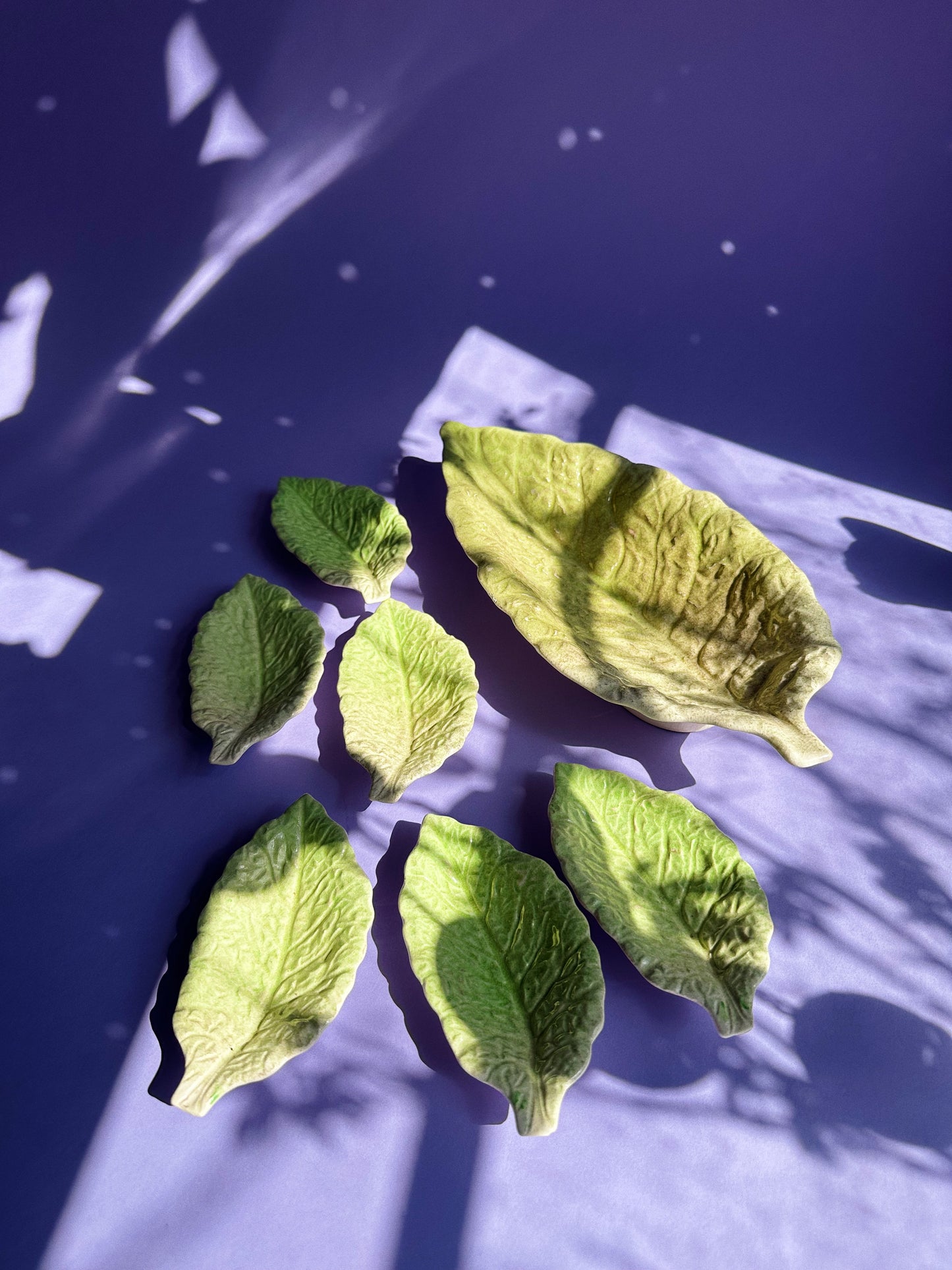 Vintage Majolica Green Leaf Lettuce Cabbage Snack Tray + 6 Leaf Dishes Japan