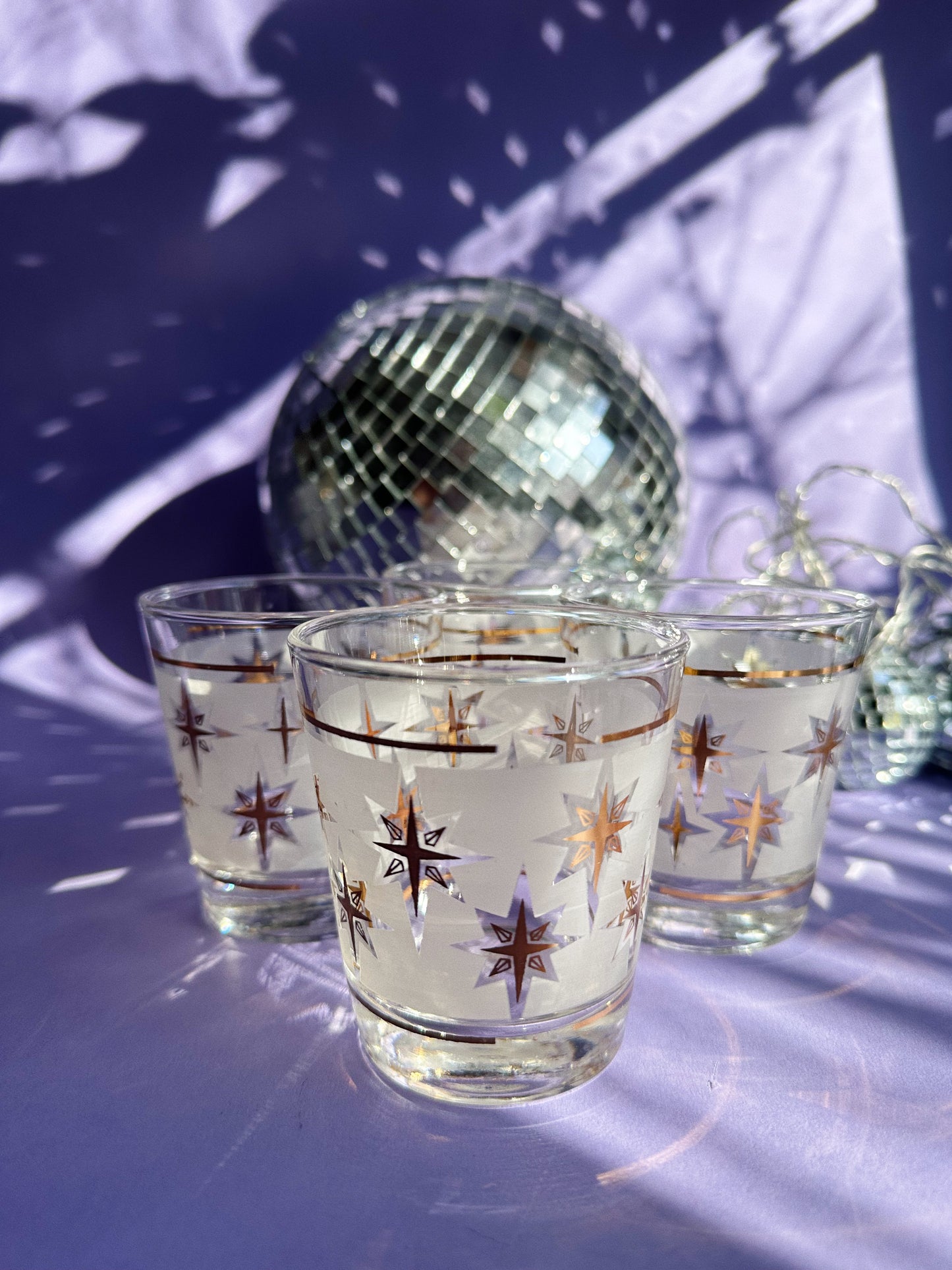 Vintage MCM Dominion Atomic Starburst Short Tumblers Glasses Frosted Gold
