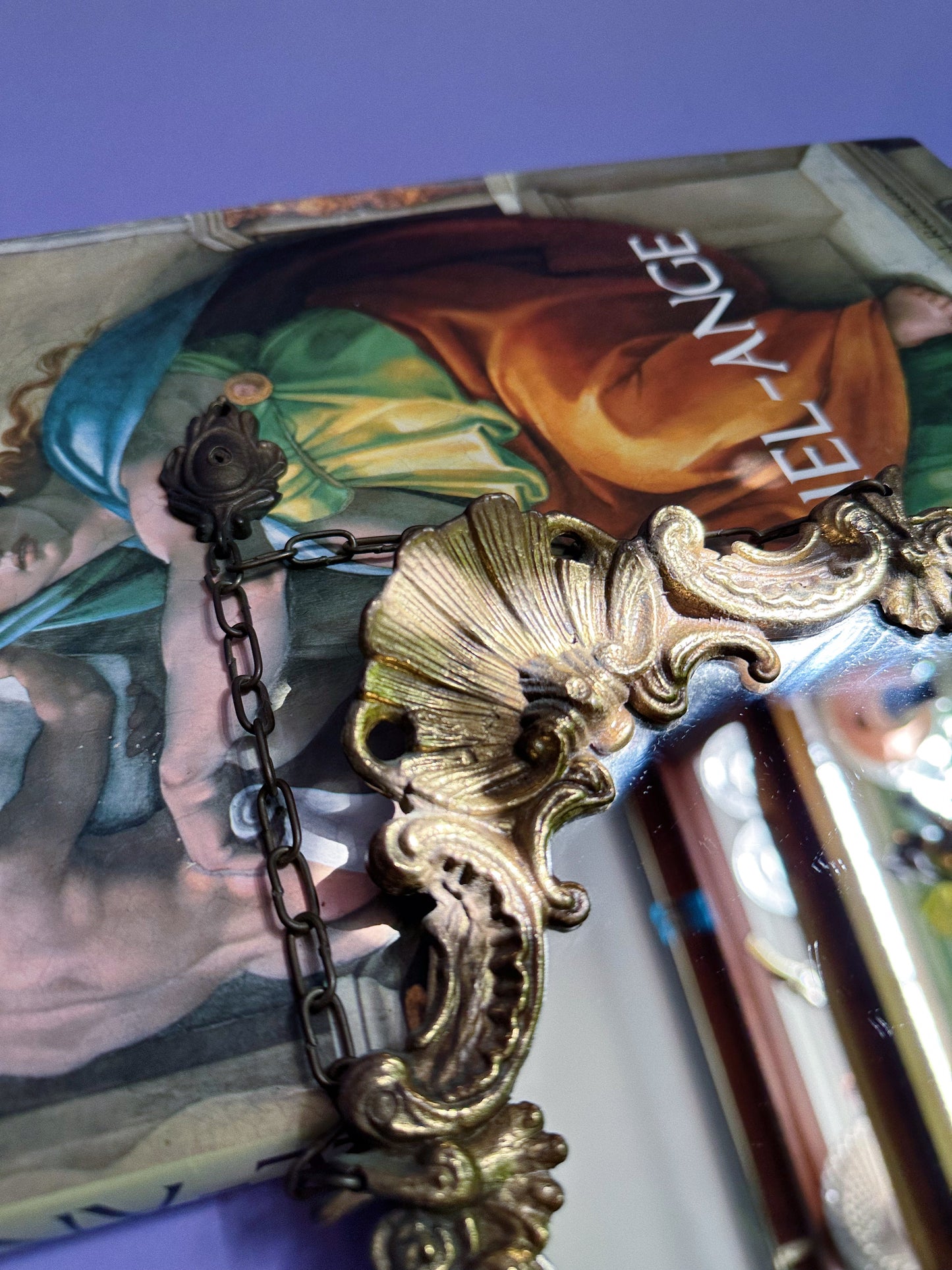 Antique Rococo Oval Mirror Gilt Floral Frame Cherub Shell Crest Brass Wall Decor