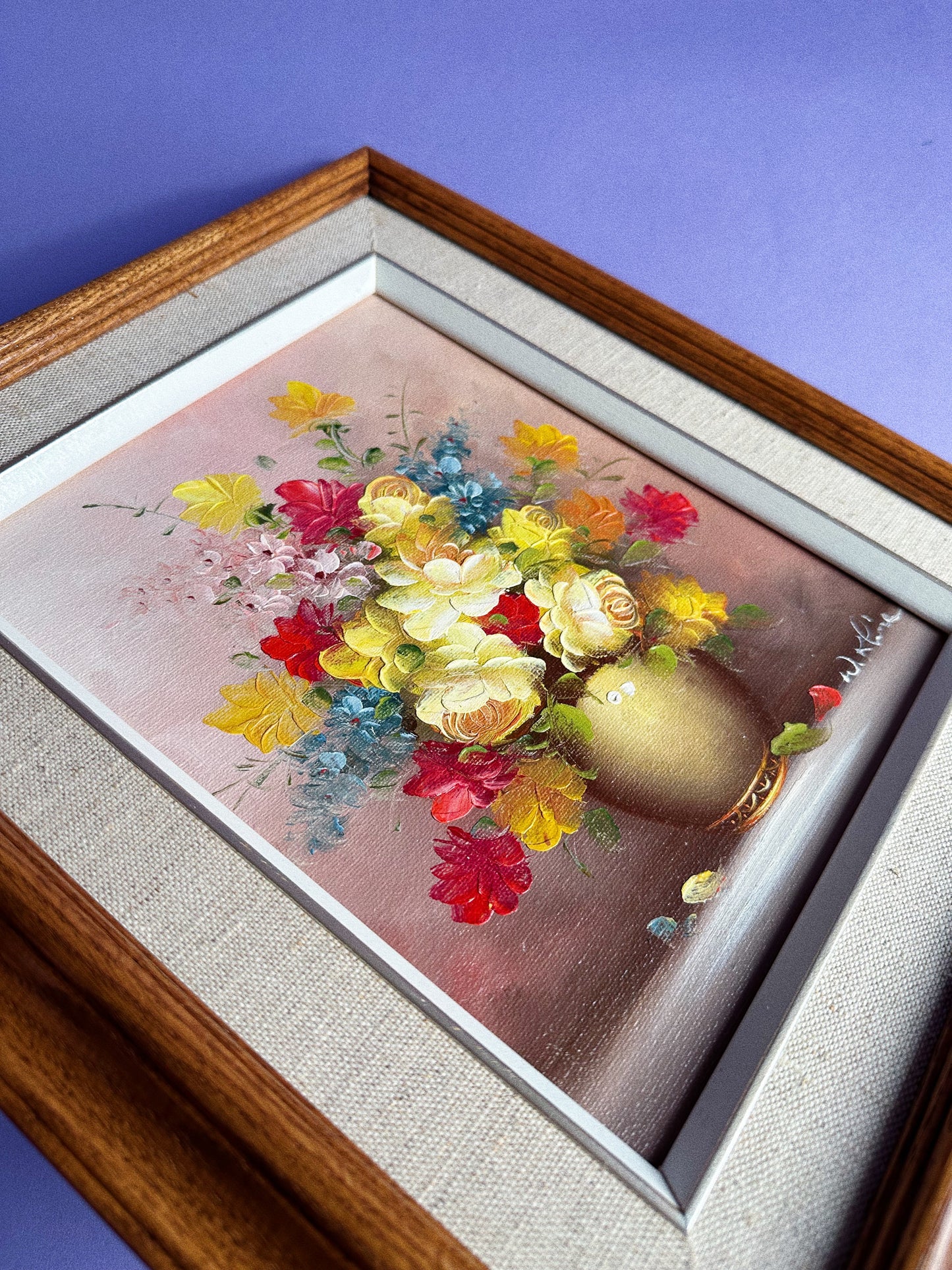 Vintage Wood Framed Signed Floral Bouquet Oil Painting