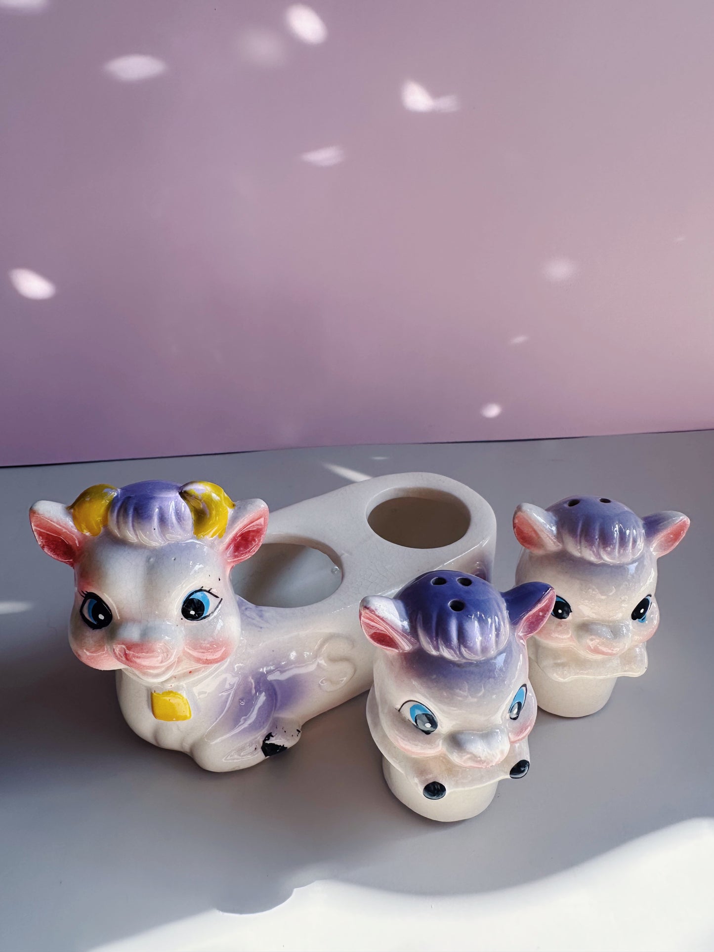 Vintage Cow Salt & Pepper Shakers Anthropomorphic Holder Set 1950s Japan Ceramic