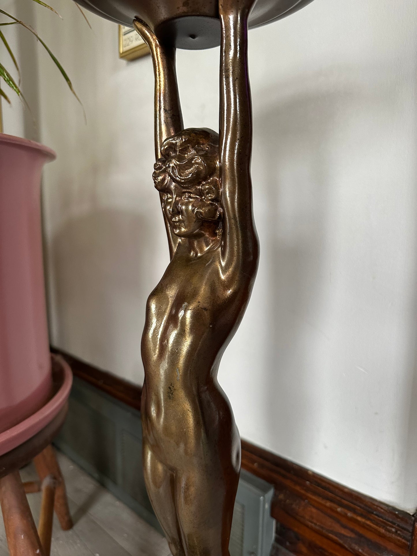Art Deco Bronzed Spelter Nude Woman Stranding Ashtray | Plant Stand