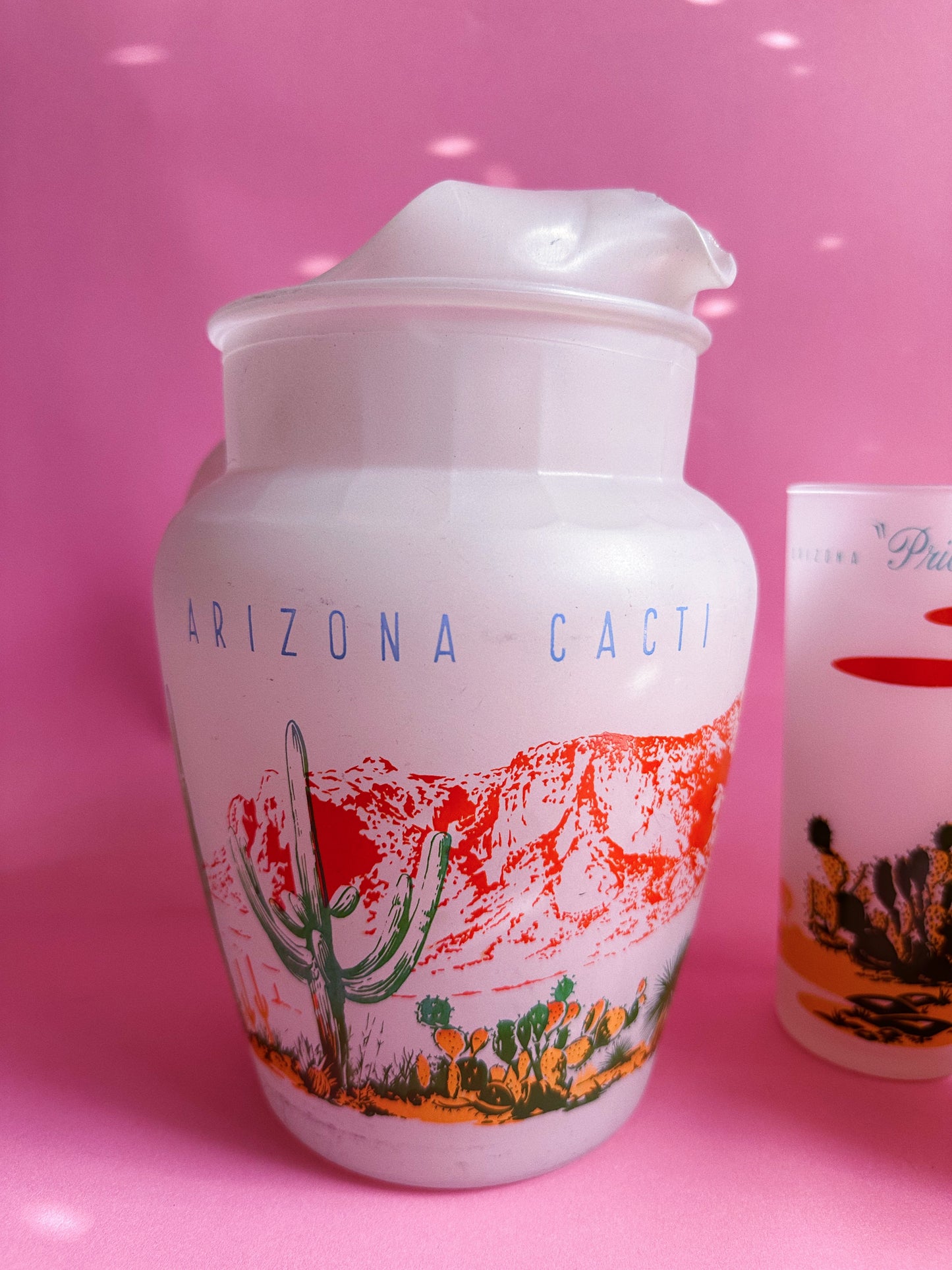 Vintage MCM Blakely Oil & Gas Arizona Frosted 5 Tumbler Glasses & Pitcher Cacti