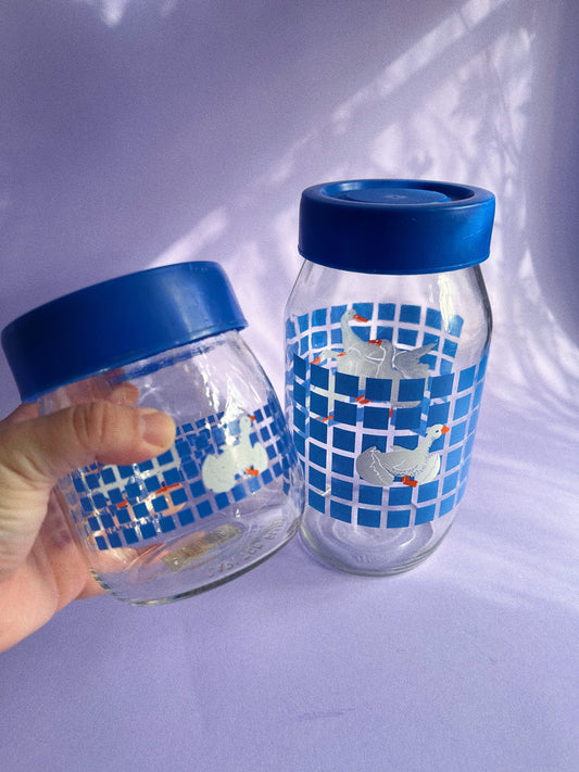 Vintage 1982 Carlton Glass Blue Lid Geese Duck Canisters