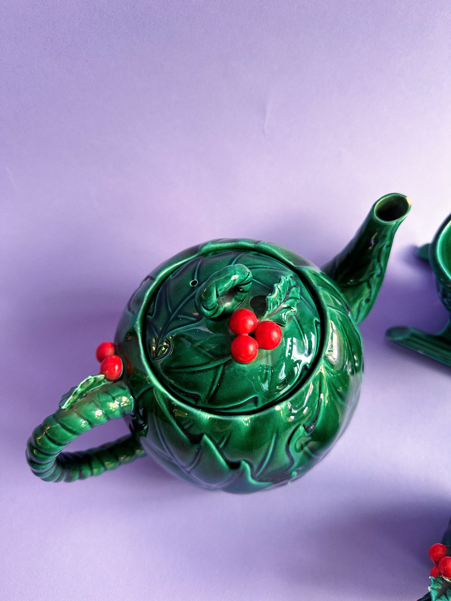 Vintage Lefton Ceramic Set Green Holly Red Berry Teapot, Sugar, Creamer & Sleigh