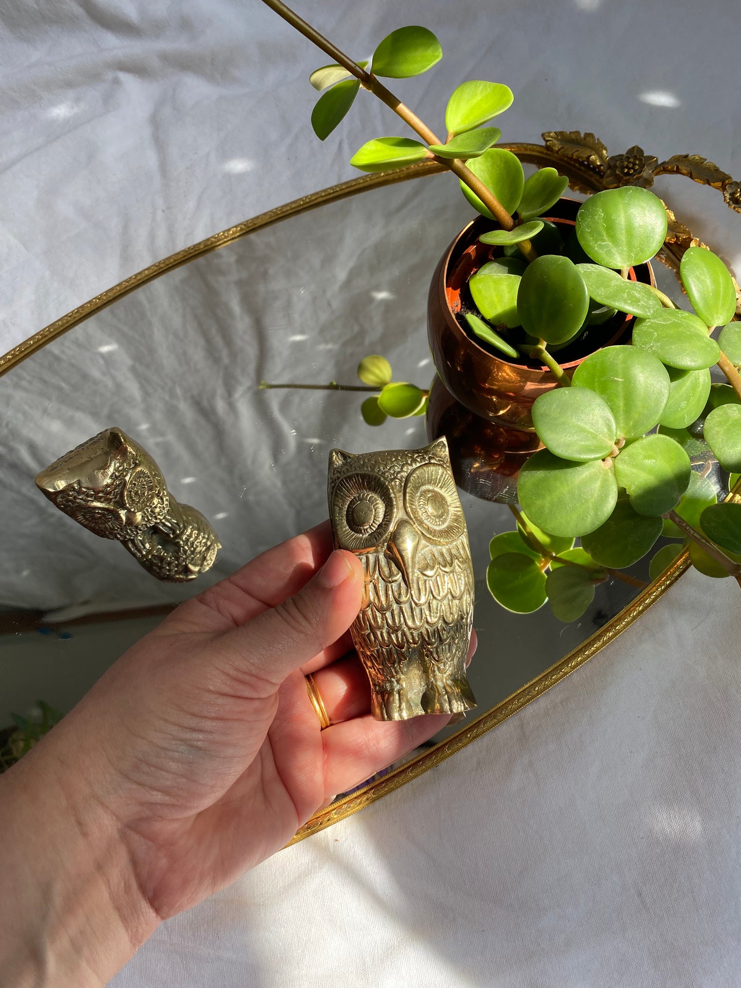 Pair of Solid Vintage Brass Owl Paperweights / Sculptures