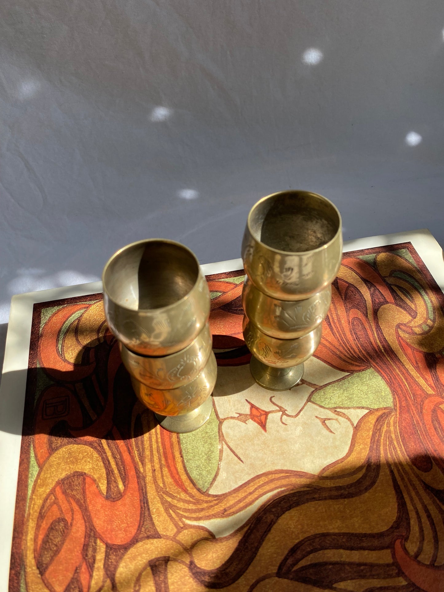 Set of 6 Vintage Etched Brass Footed Shot / Liquor Glasses