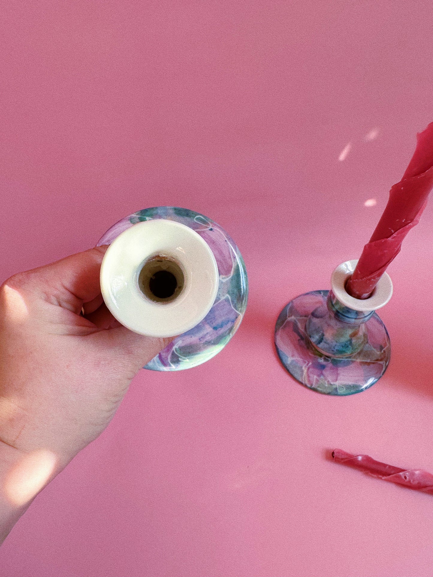 Vintage Ceramic Watercolour Glazed Candlesticks
