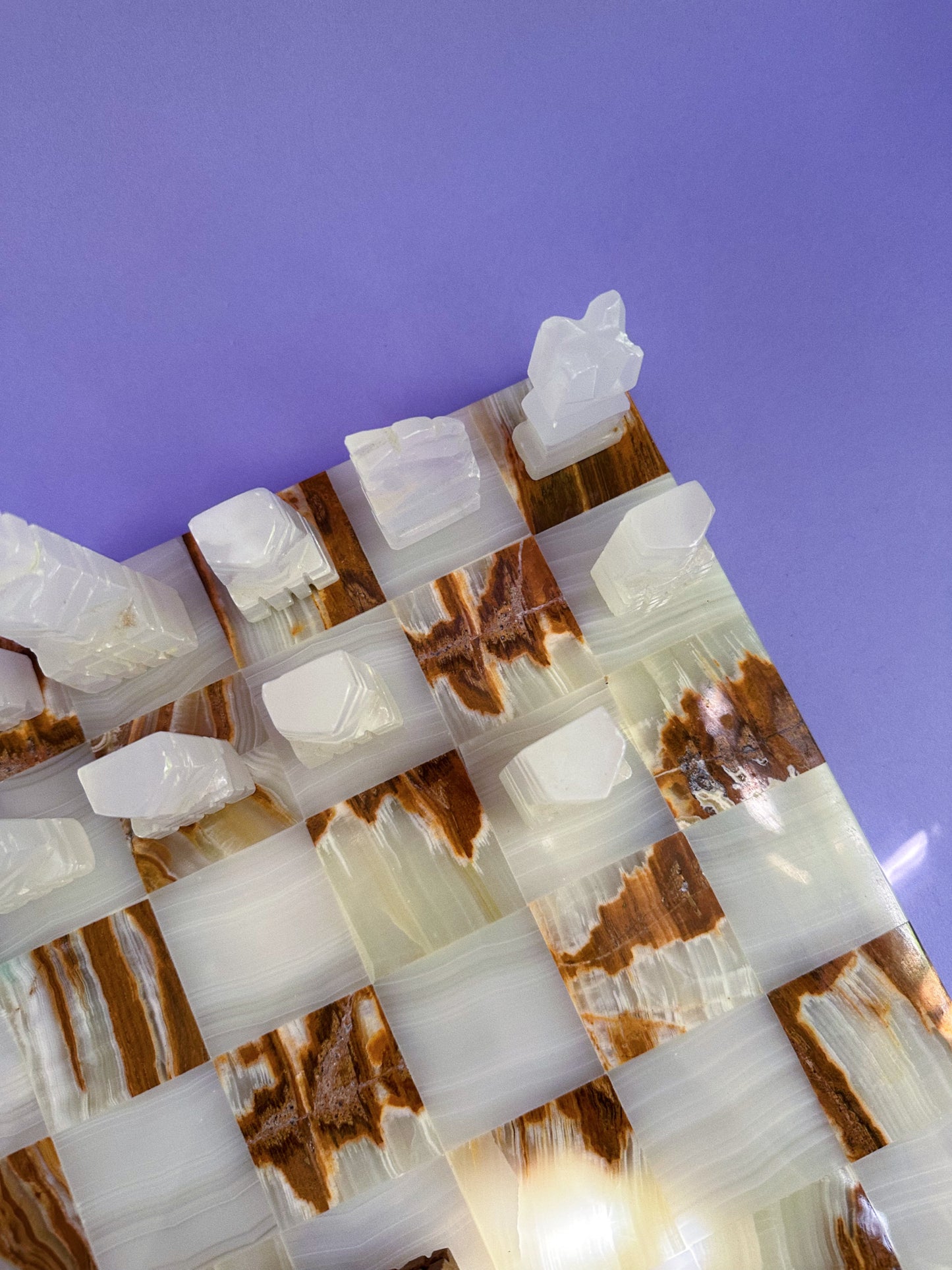 Vintage Complete Aztec Chess Set Marble Cut Stone Hand Carved Large Brown White