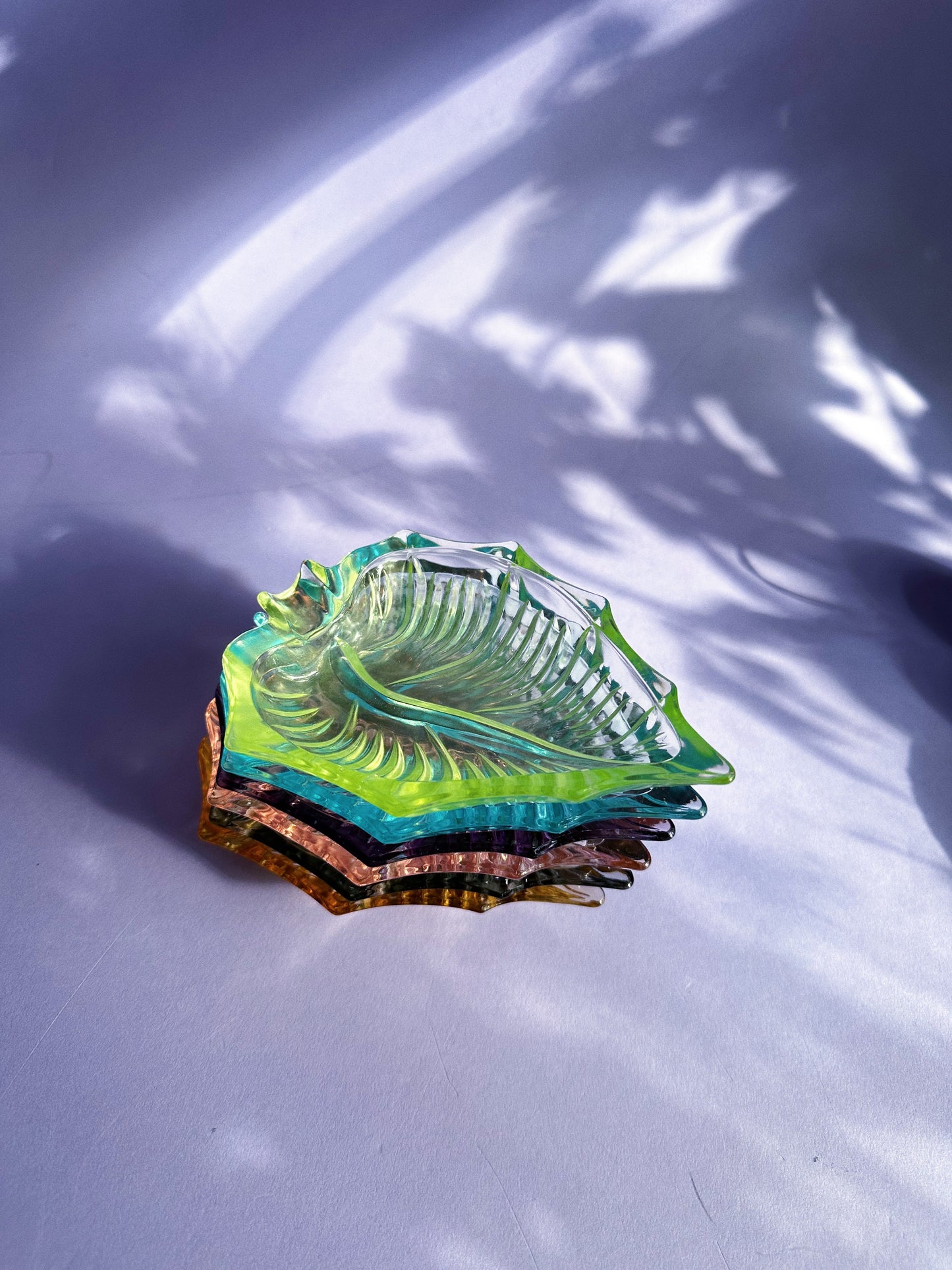 Vintage Japanese Leaf Shaped Harlequin Coloured Glass Ashtrays Set Of 6