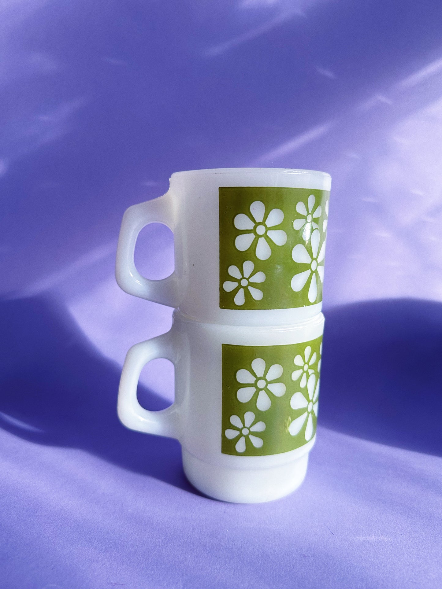 Anchor Hocking Fire King Mugs Green Flowers Milk Glass Lot Of (2) Great Cond