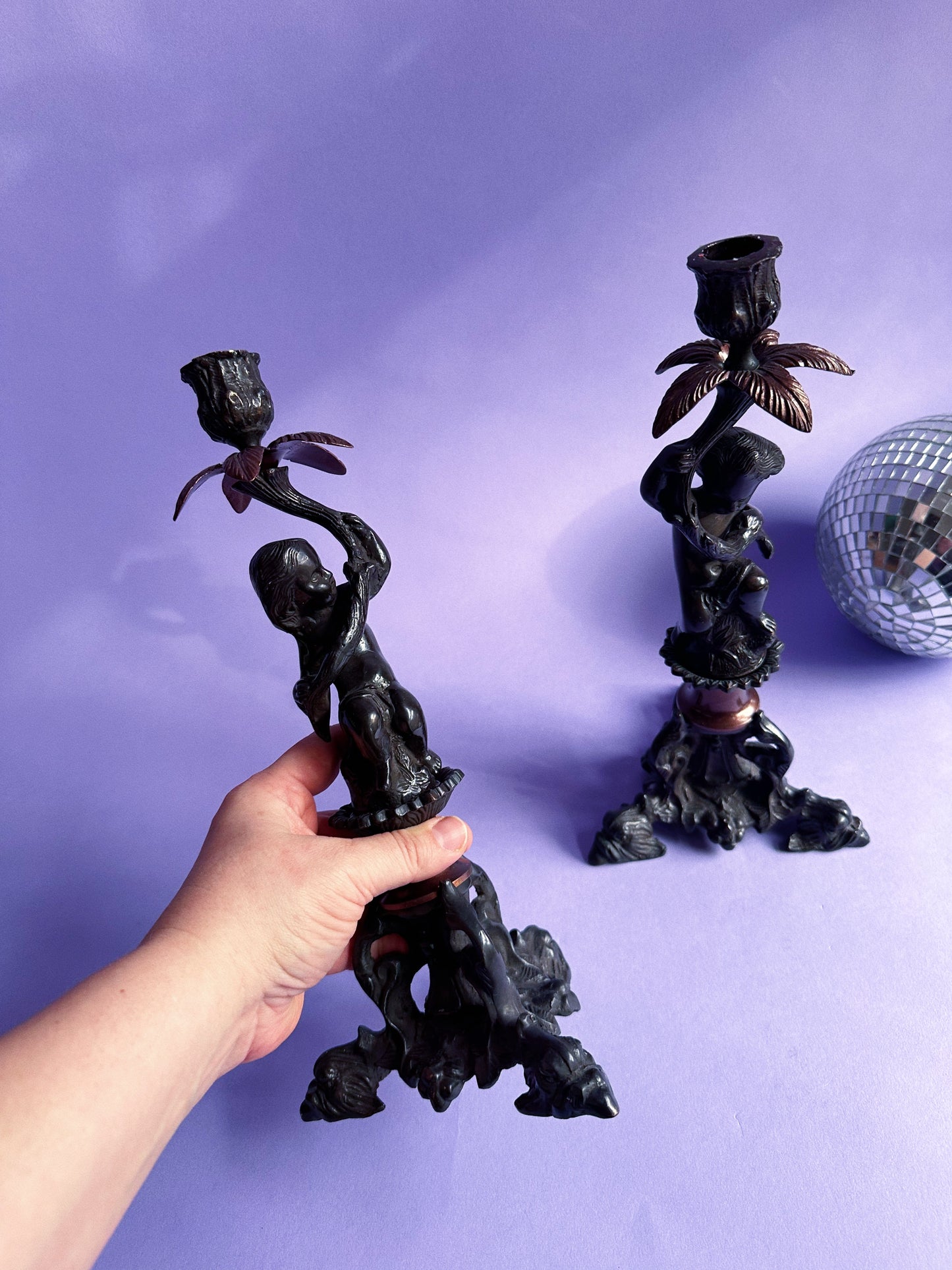 Pair Of Vintage Antique Heavy Cast Metal Cherub Candlesticks