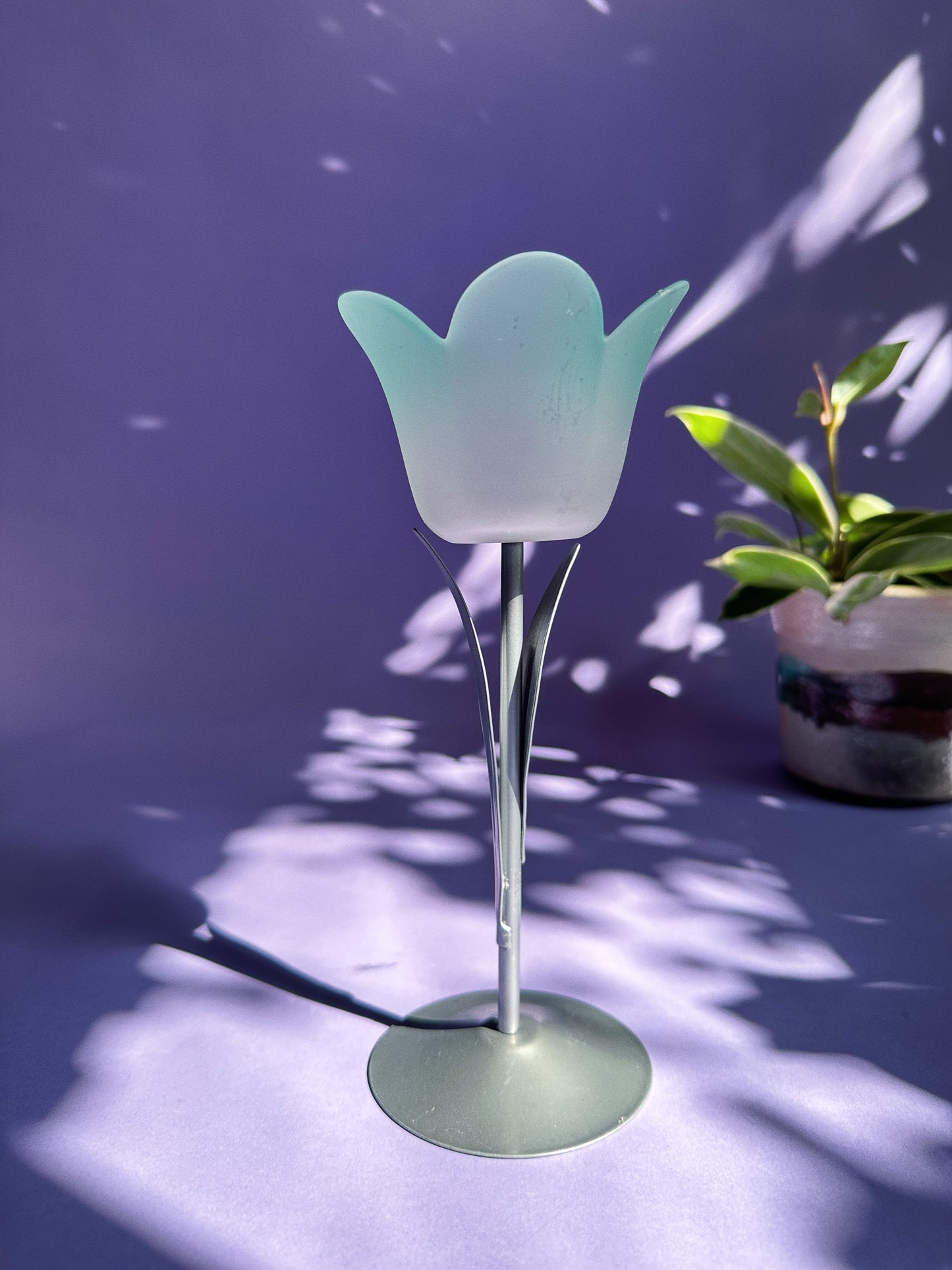 Vintage Glass & Metal Blue Frosted Tulip Tealight Candle Holder