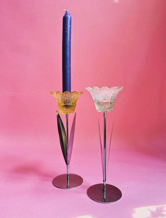 Fun Tulip Blue & Green Glass & Chrome Taper Candle Holders
