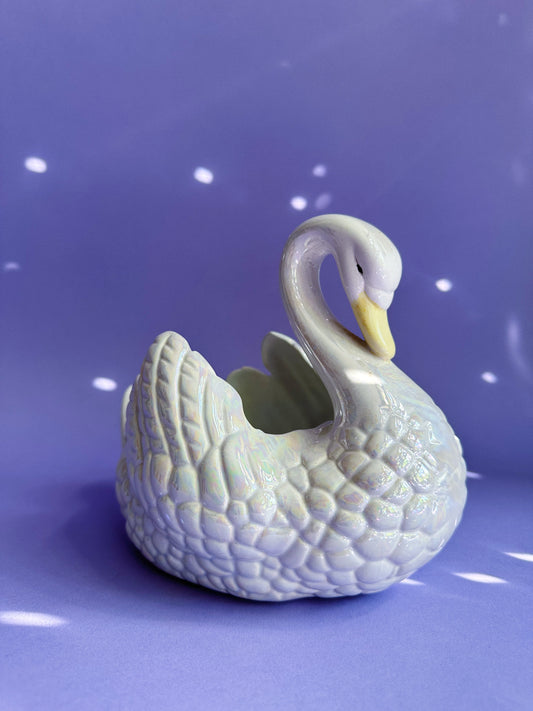 Vintage 1971 Porcelain Iridescent Swan Planter