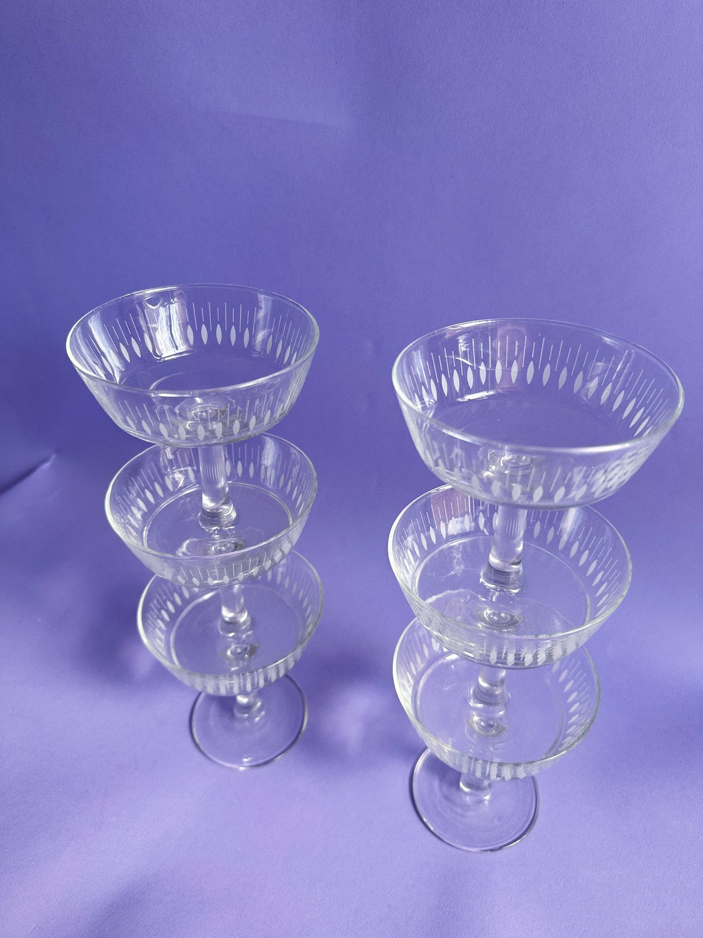 Vintage Set of 6 French Champagne Coupes With Etched Design Made in France